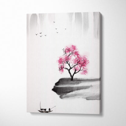 Pink cherry blossom lake canvas wall art with vibrant pink tree black branches gray ink wash birds for living room decor