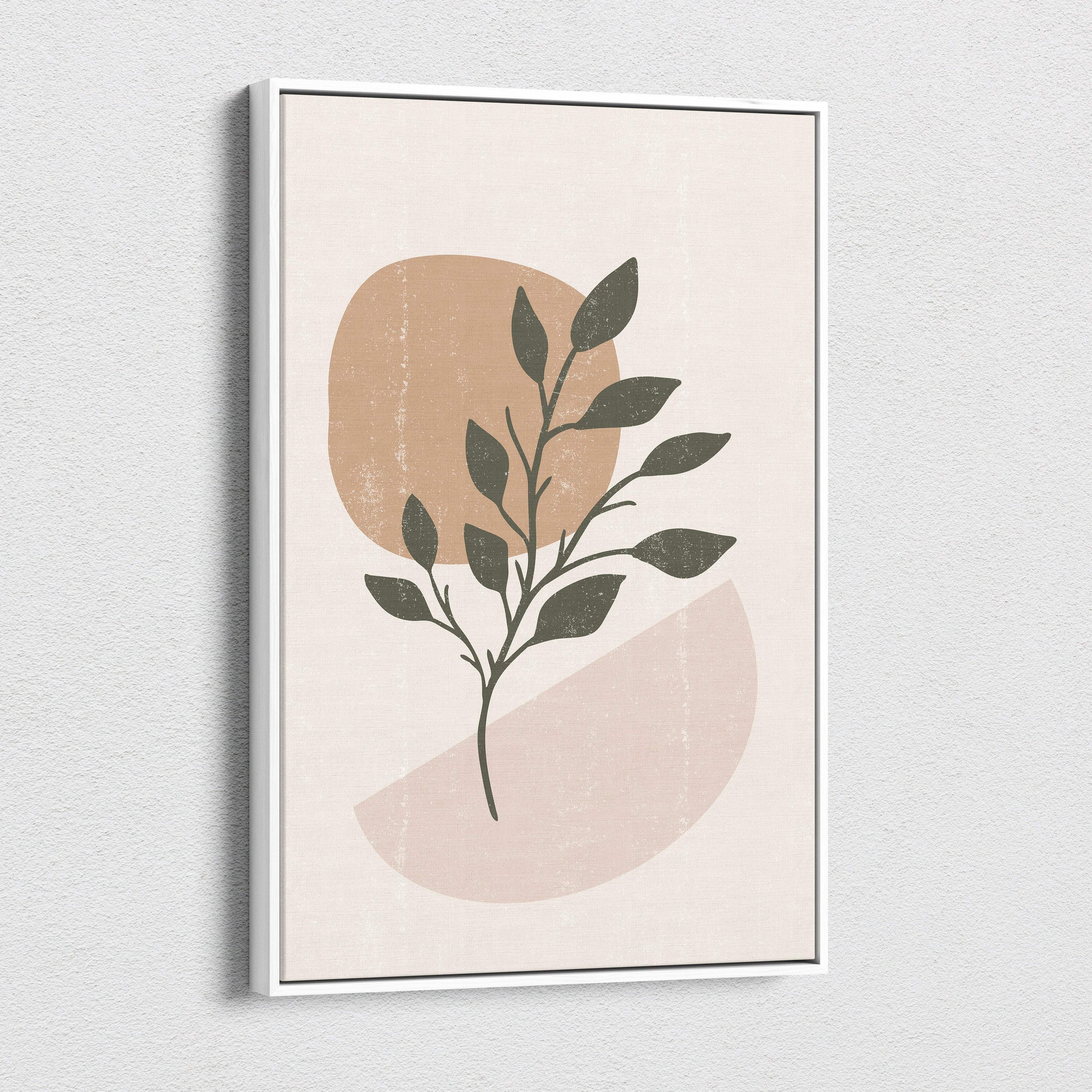 Boho minimalist botanical canvas wall art featuring stylized sage green leaves with terracotta and blush shapes