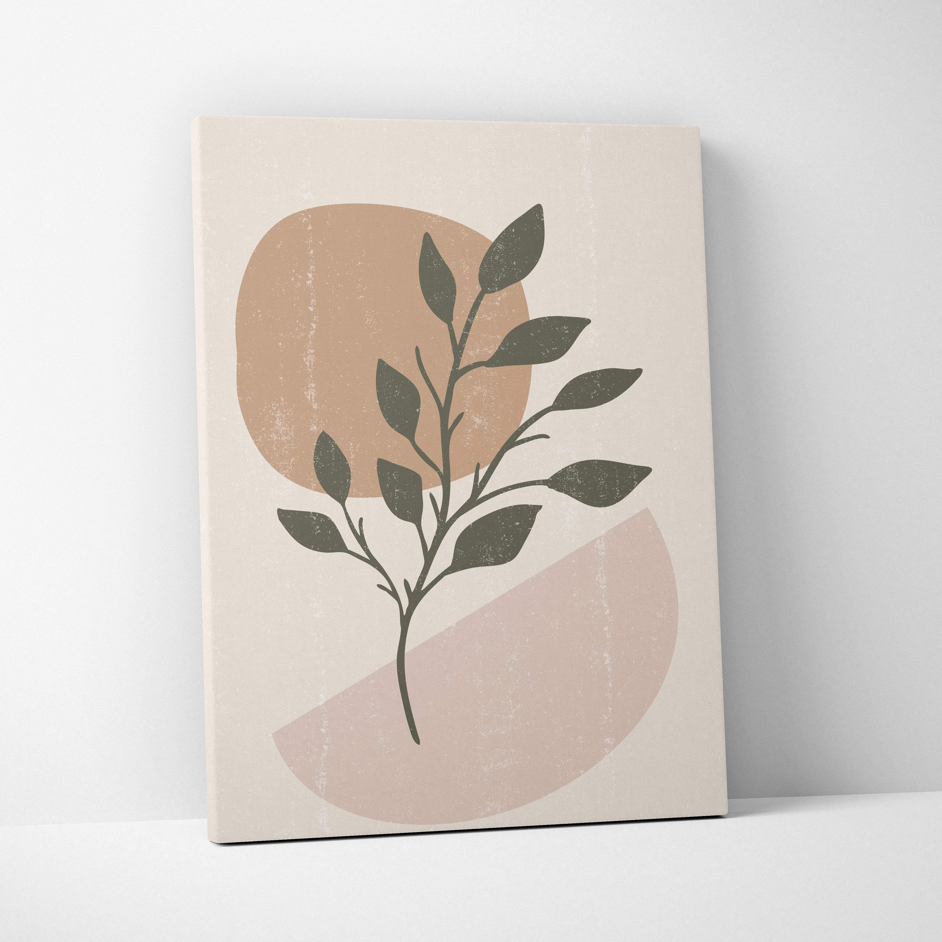 Boho minimalist botanical canvas wall art with sage green leaves and terracotta and blush neutral abstract shapes