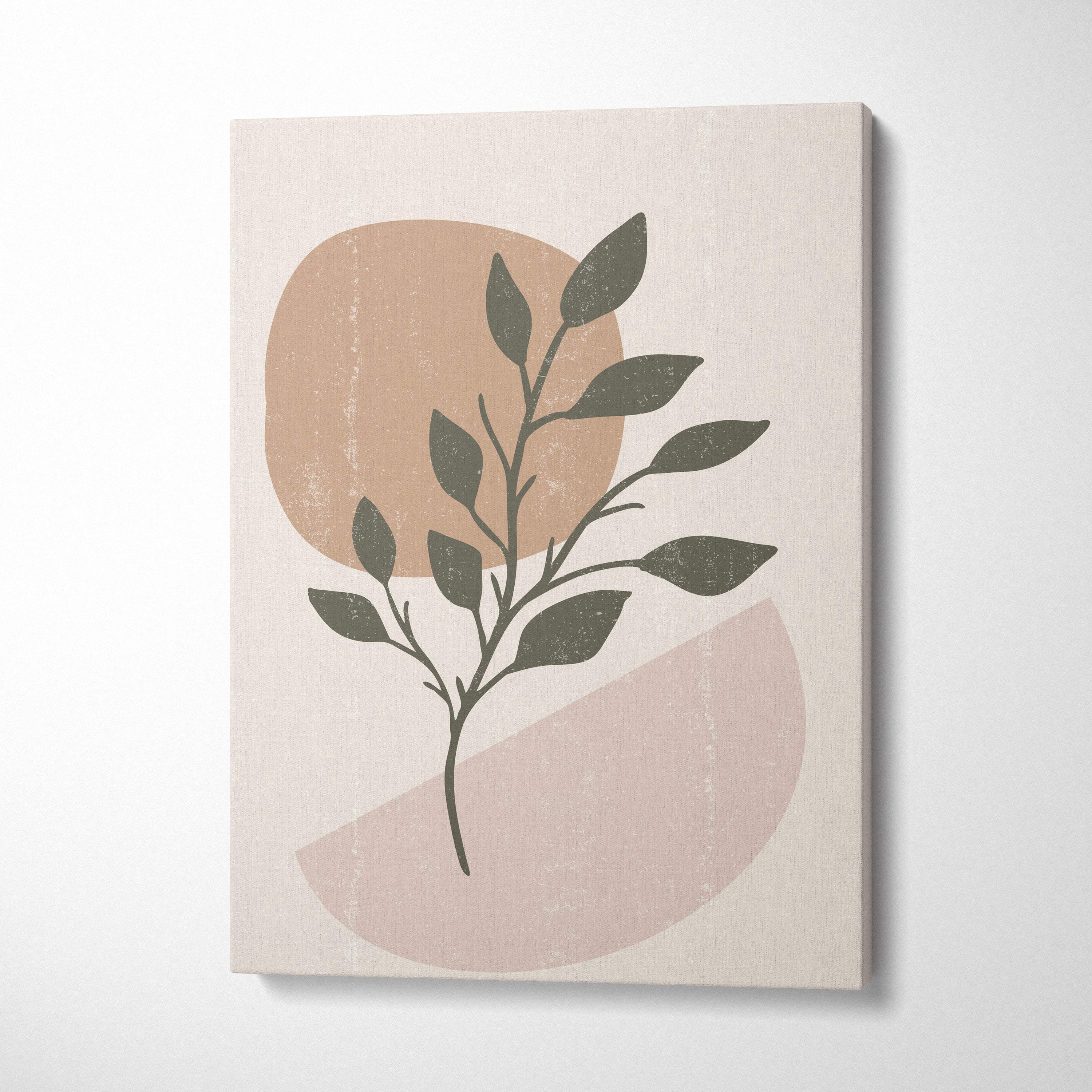 Boho minimalist botanical canvas wall art with sage green leaves and terracotta blush abstract shapes for living room decor