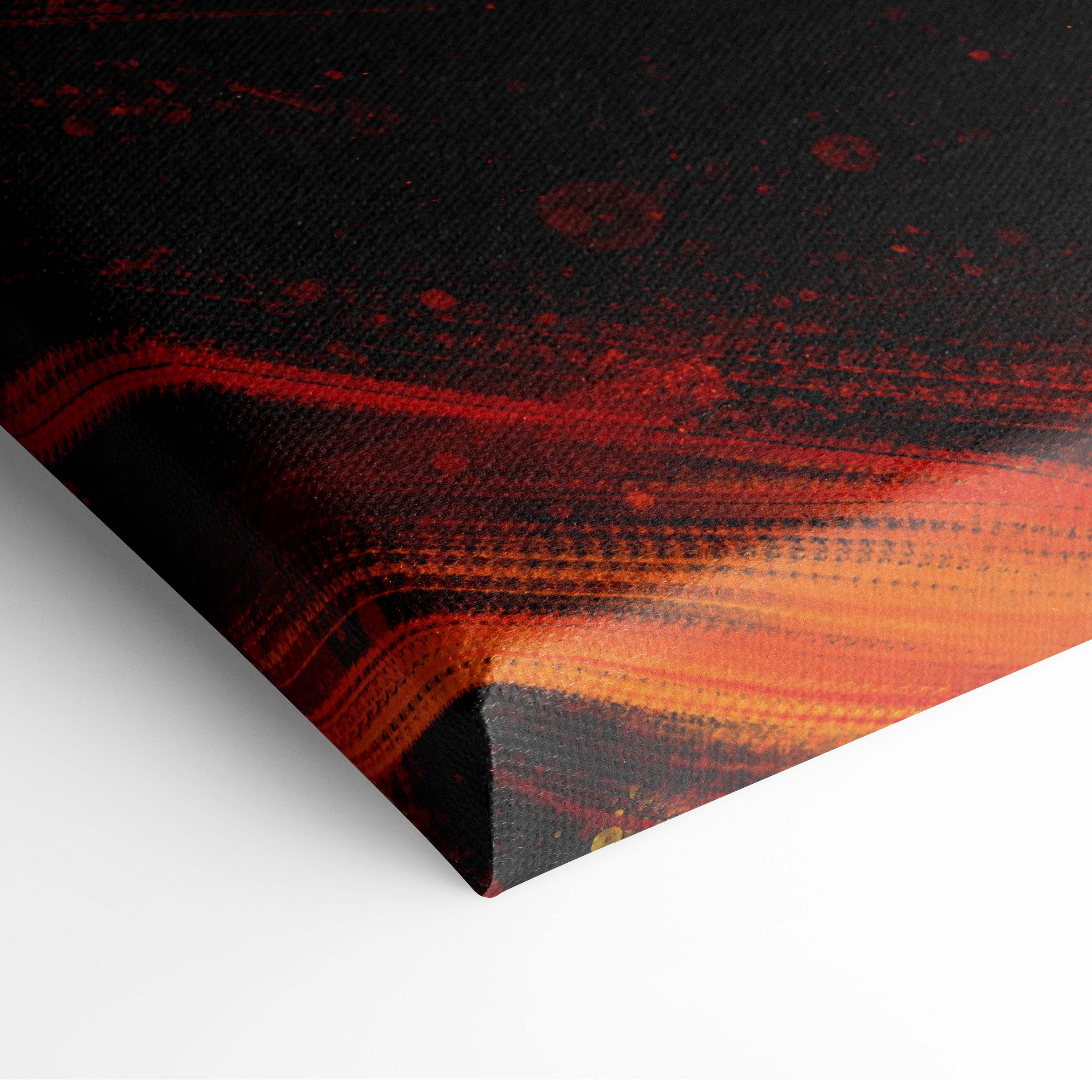 Abstract canvas print of heroic sunset warrior with bold red and orange brushstrokes on dark background wall decor