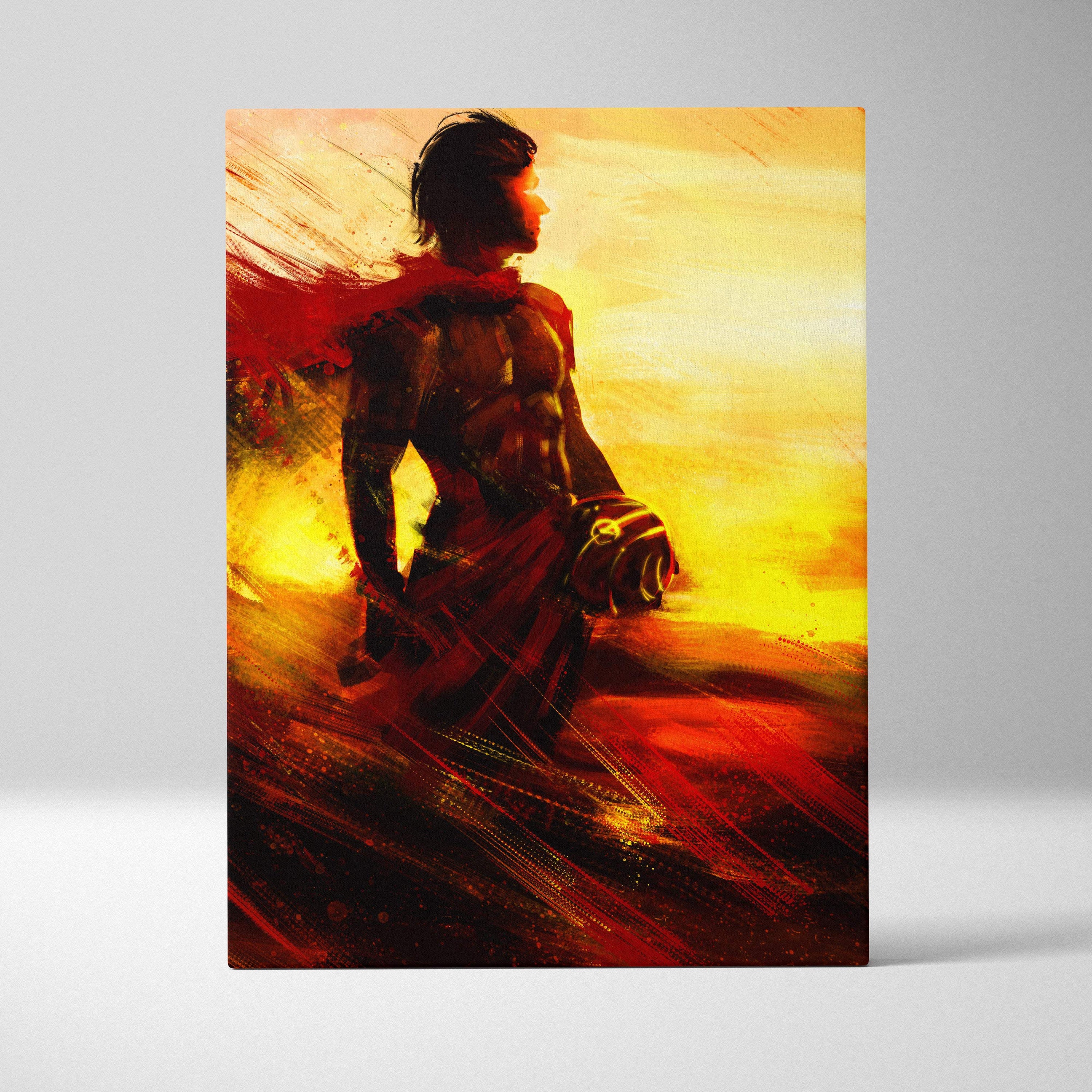 A vibrant abstract canvas art featuring a muscular red and gold silhouette with dynamic brushstrokes and flowing cape
