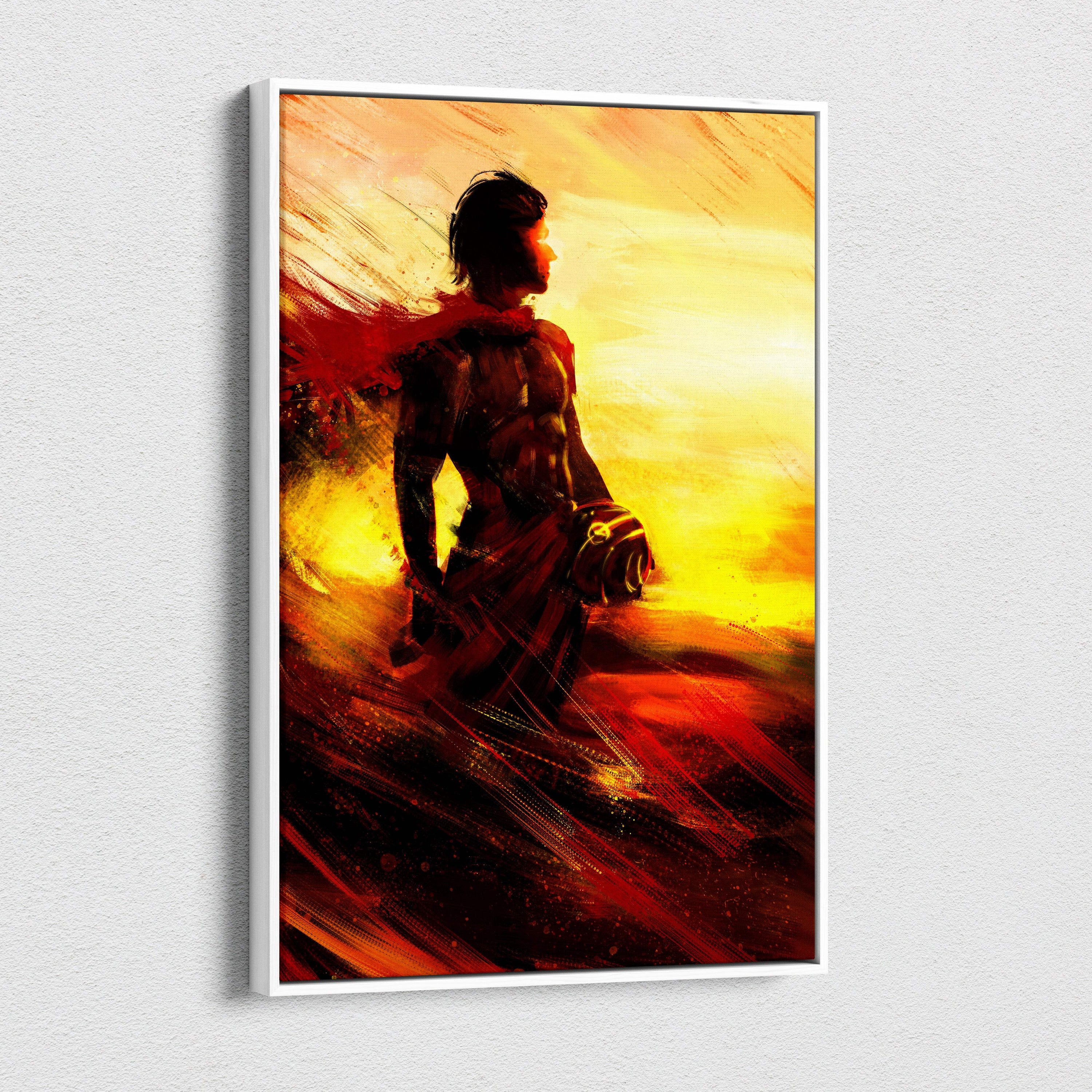 A framed canvas painting of a muscular silhouette warrior with a flowing cape against a fiery red and gold sunset