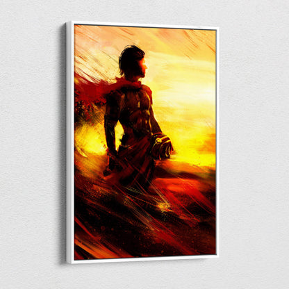 A framed canvas painting of a muscular silhouette warrior with a flowing cape against a fiery red and gold sunset