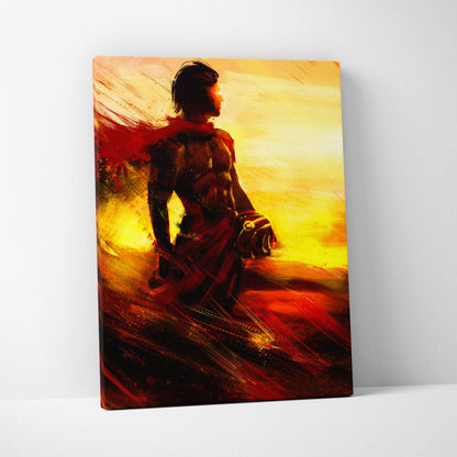A vibrant heroic sunset warrior canvas art featuring a red and gold muscular figure with a flowing cape against a fiery backdrop