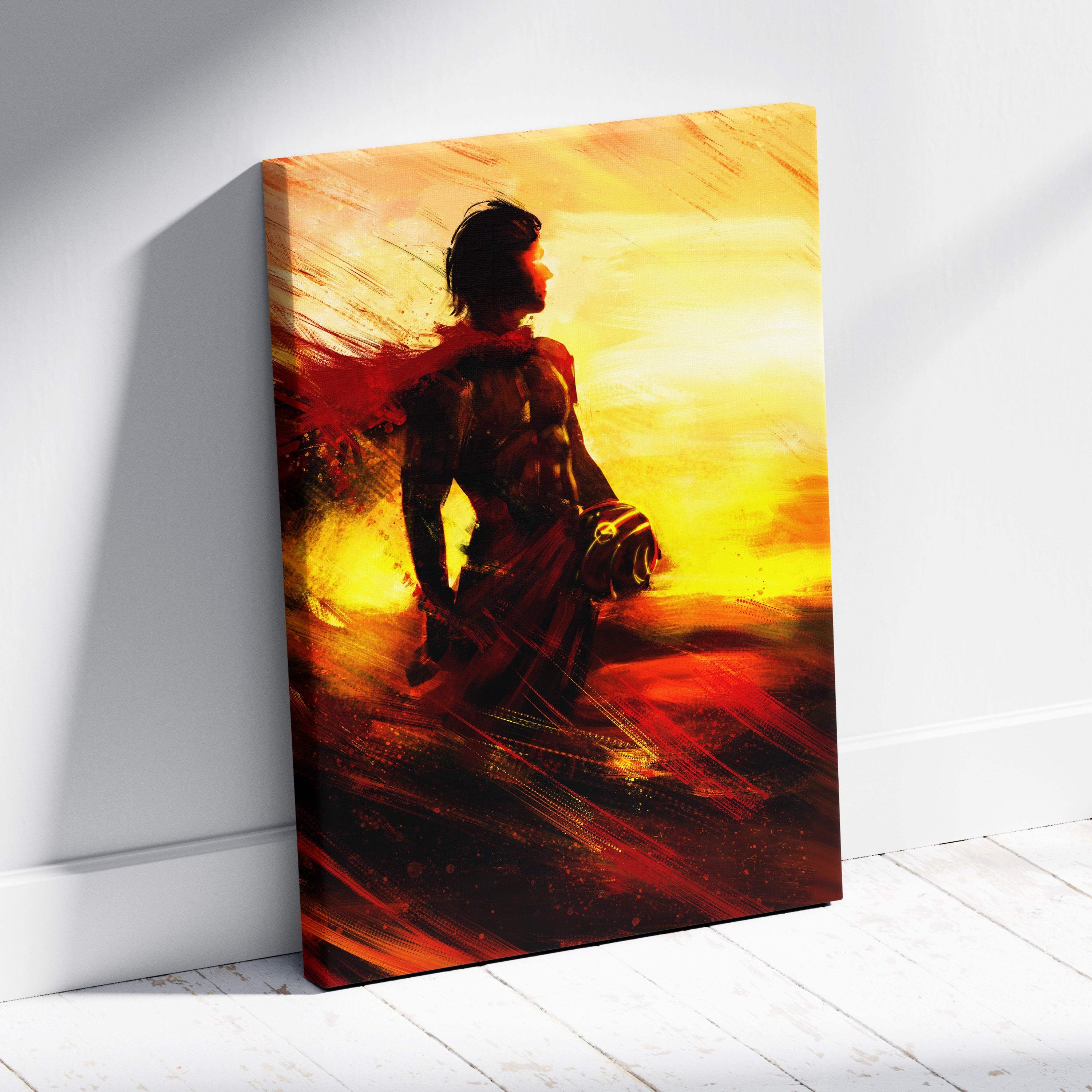 Vibrant orange and red abstract canvas art featuring a muscular fiery red and gold silhouette warrior with flowing cape
