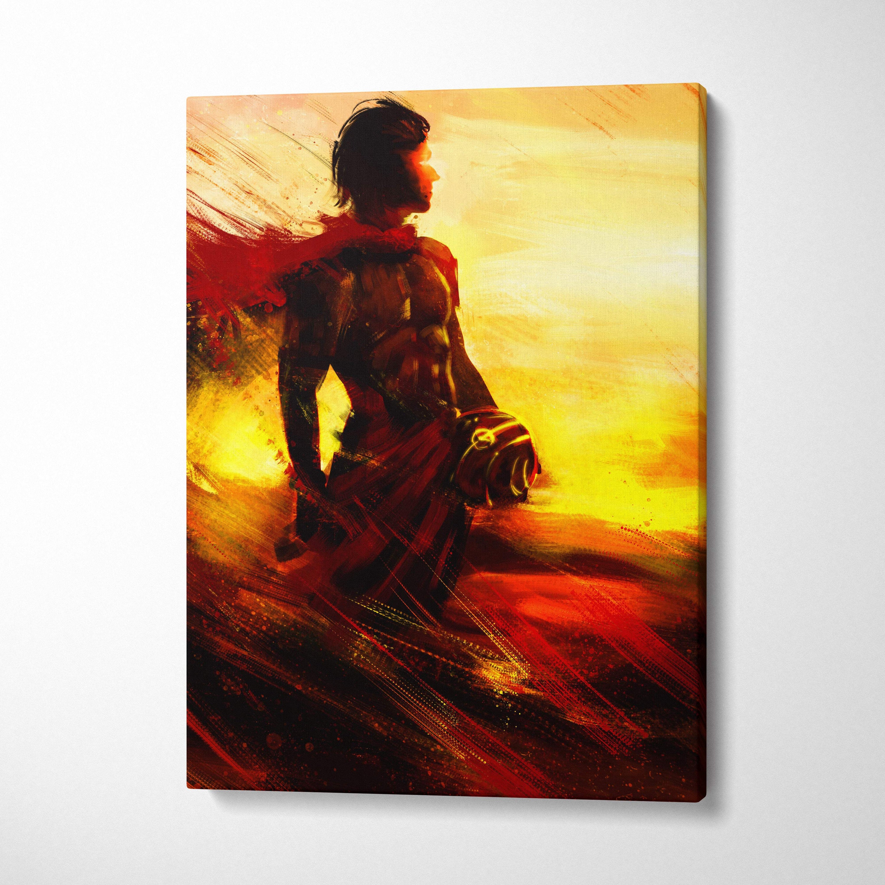 Heroic sunset warrior canvas art featuring a muscular red and gold figure with a flowing cape against a fiery sunset backdrop