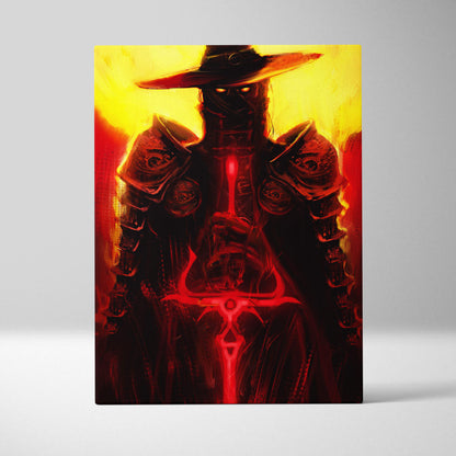 Dark crimson gunslinger canvas art featuring a dark armored warrior with a wide-brimmed hat and glowing red sword