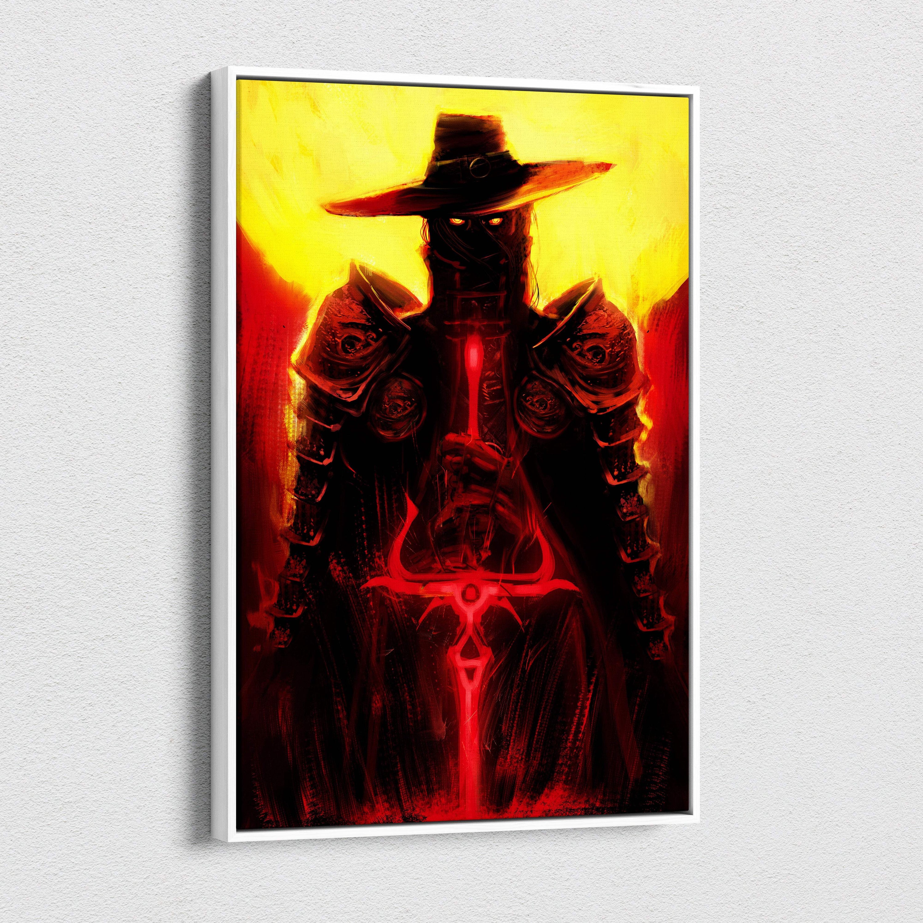 A framed dark crimson gunslinger canvas art showing a masked warrior with glowing eyes holding a blood red blade