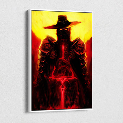 A framed dark crimson gunslinger canvas art showing a masked warrior with glowing eyes holding a blood red blade