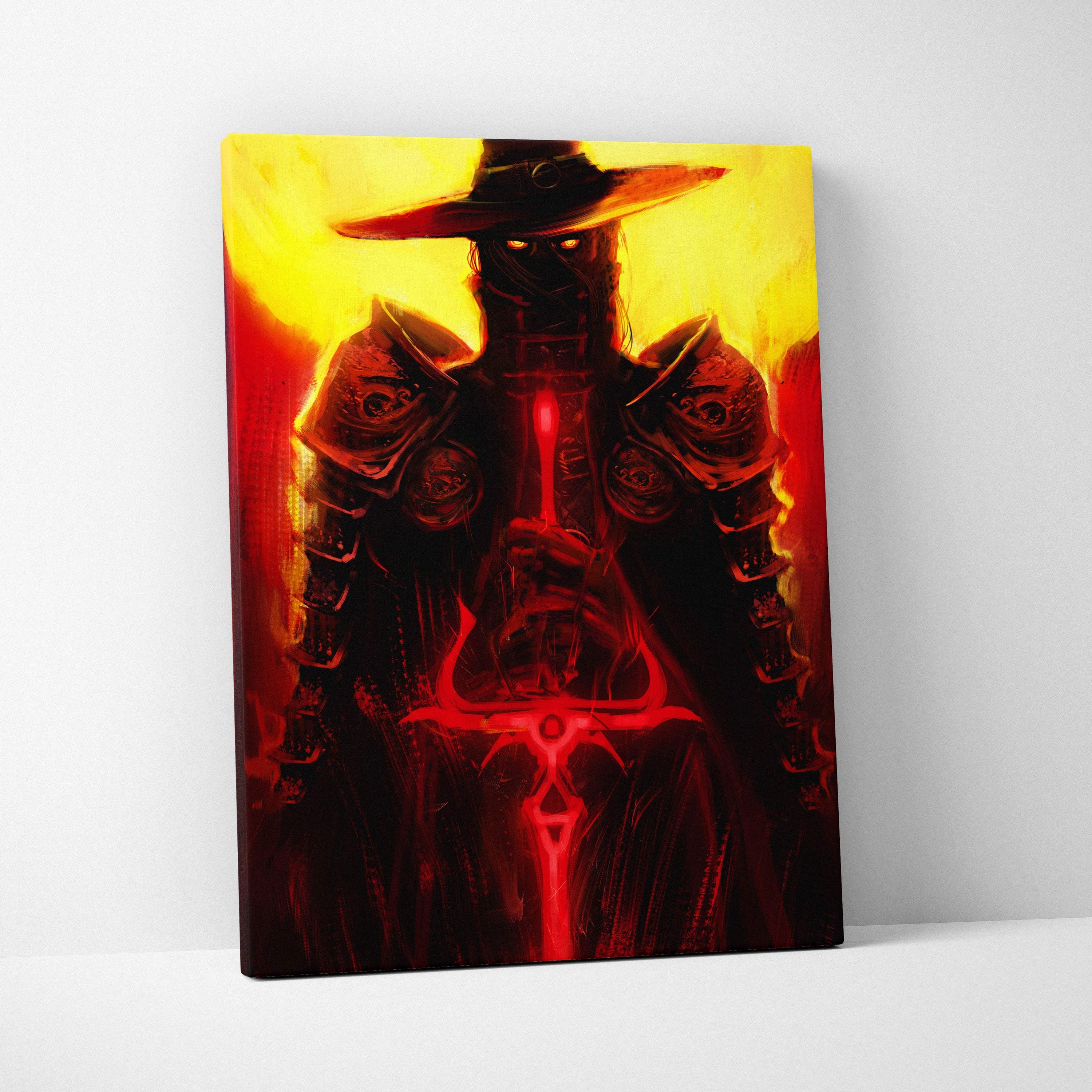 Dark crimson gunslinger canvas art showing a dark armored figure with glowing red sword against fiery backdrop