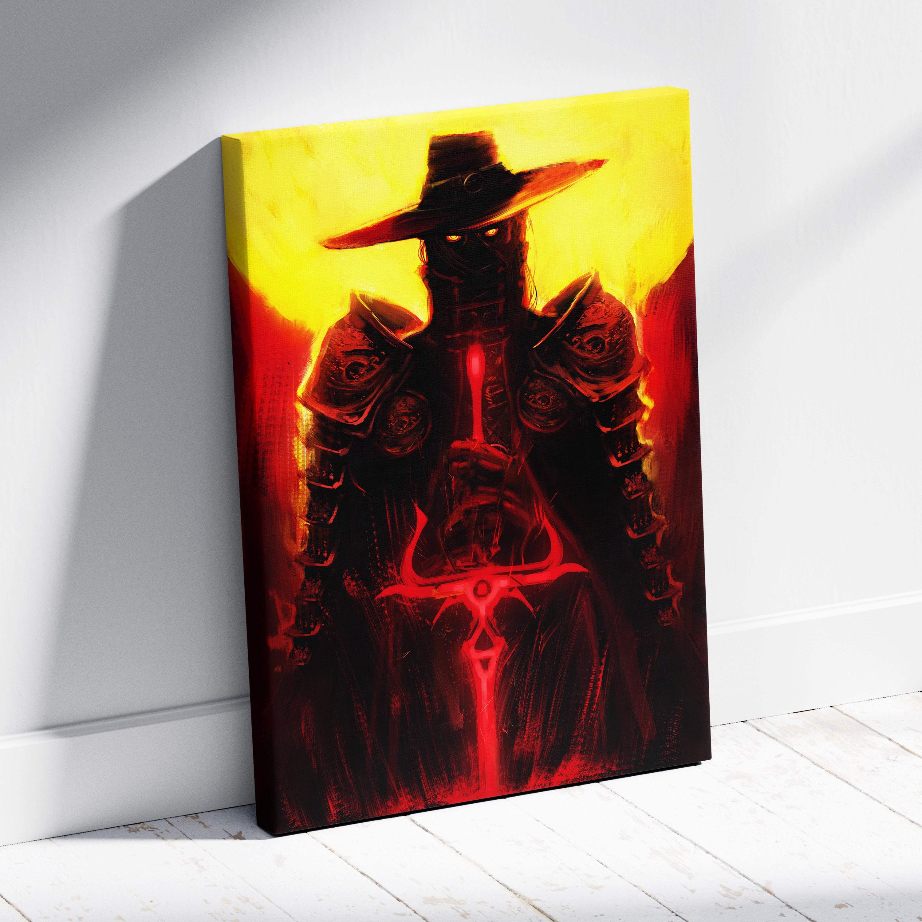 Dark crimson gunslinger canvas art featuring a dark armored figure with glowing eyes and a blood red sword on fiery backdrop