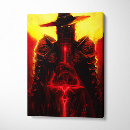 Dark crimson gunslinger canvas art showing a dark armored figure with a glowing red sword on a fiery background