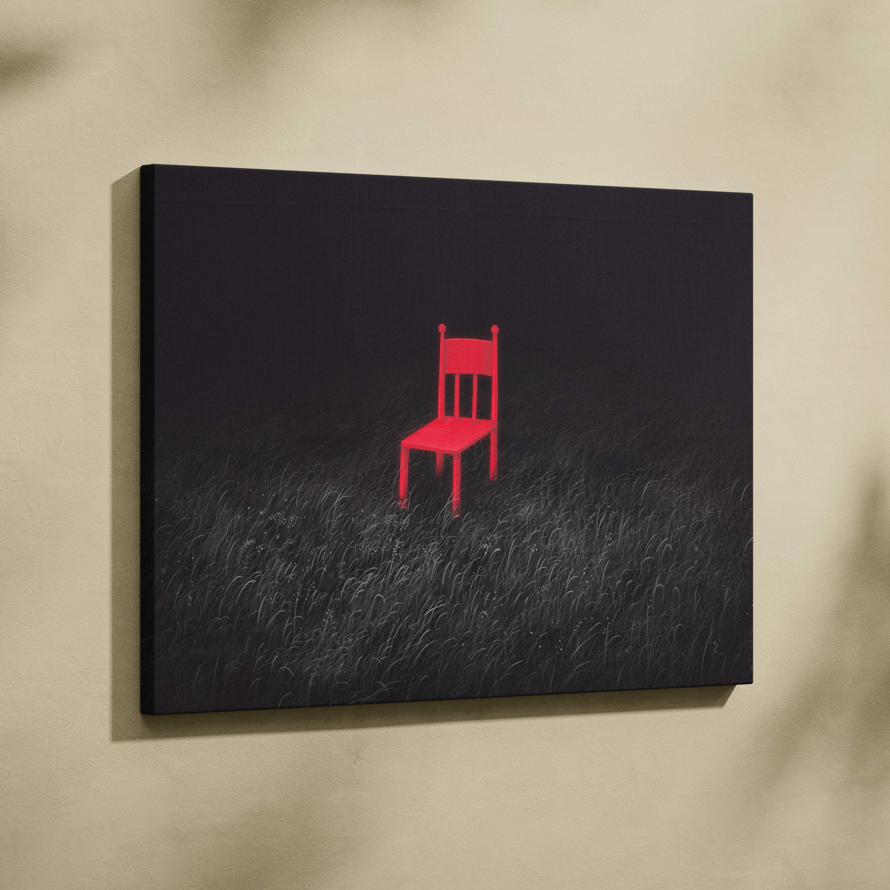 A vibrant red wooden chair in minimalist style on a dark grassy field canvas wall art print