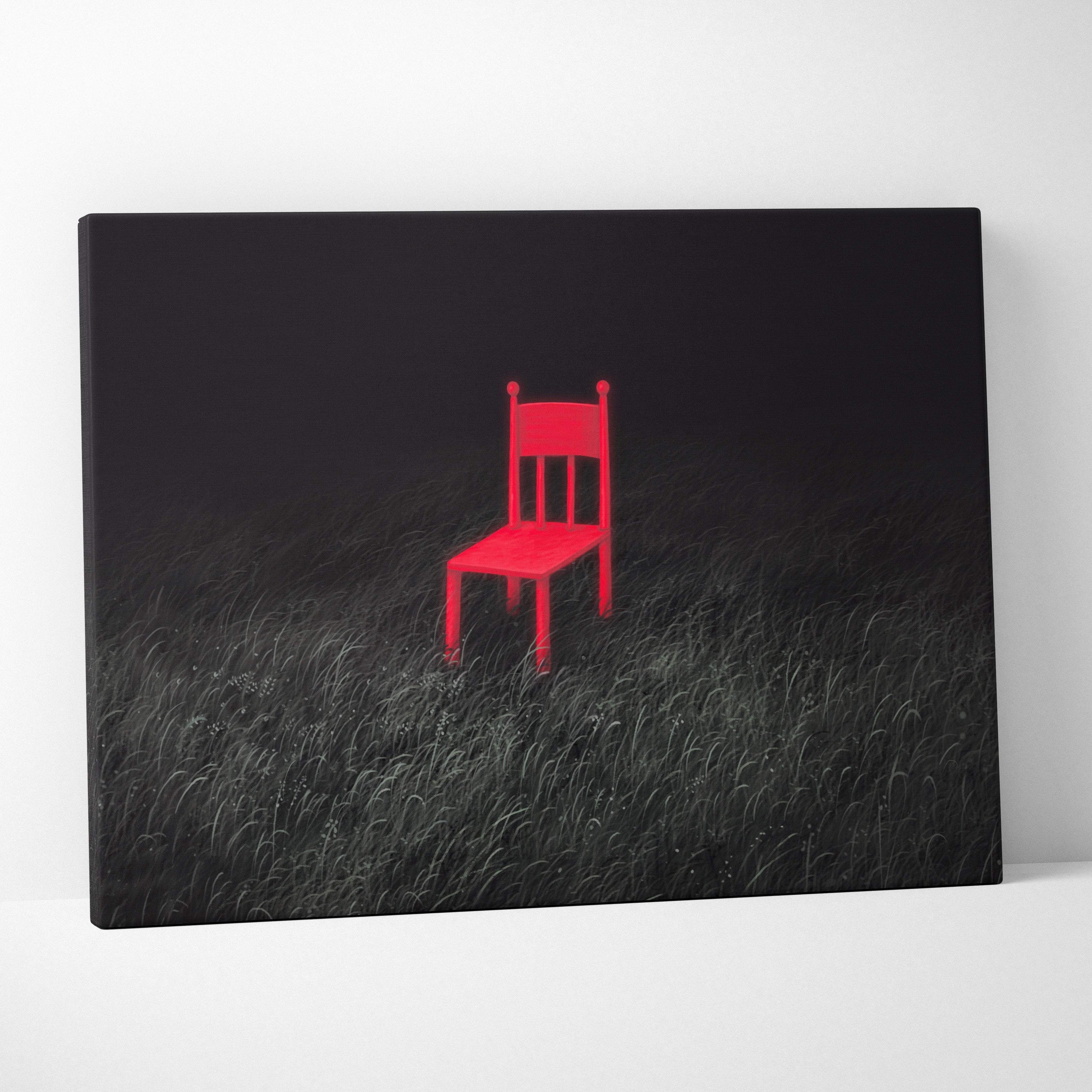 A vibrant red wooden chair in minimalist painting on black grass background contemporary canvas wall art