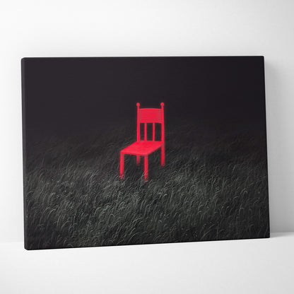 A vibrant red wooden chair in minimalist painting on black grass background contemporary canvas wall art