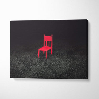 Contemporary red wooden chair canvas wall art with dark moody field print and surreal empty seat in black grass