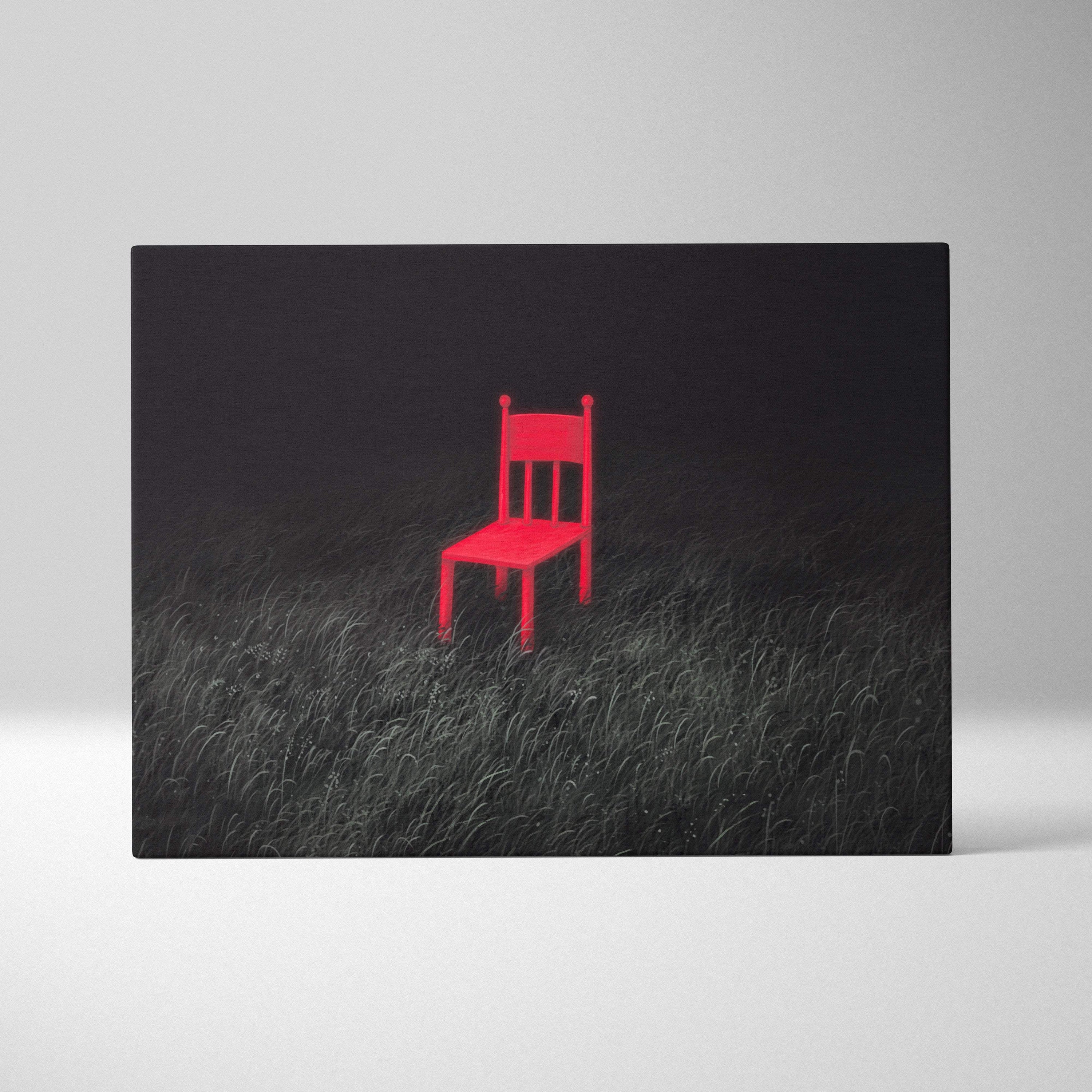 A vibrant red wooden contemporary chair stands alone in a dark moody field canvas wall art print