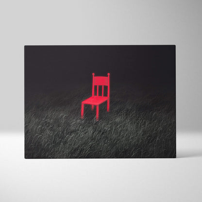 A vibrant red wooden contemporary chair stands alone in a dark moody field canvas wall art print