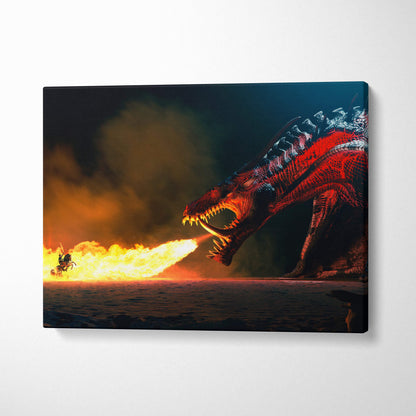 Fiery dragon breath canvas wall art featuring a red dragon breathing fire at a rider with dark smoky sky background