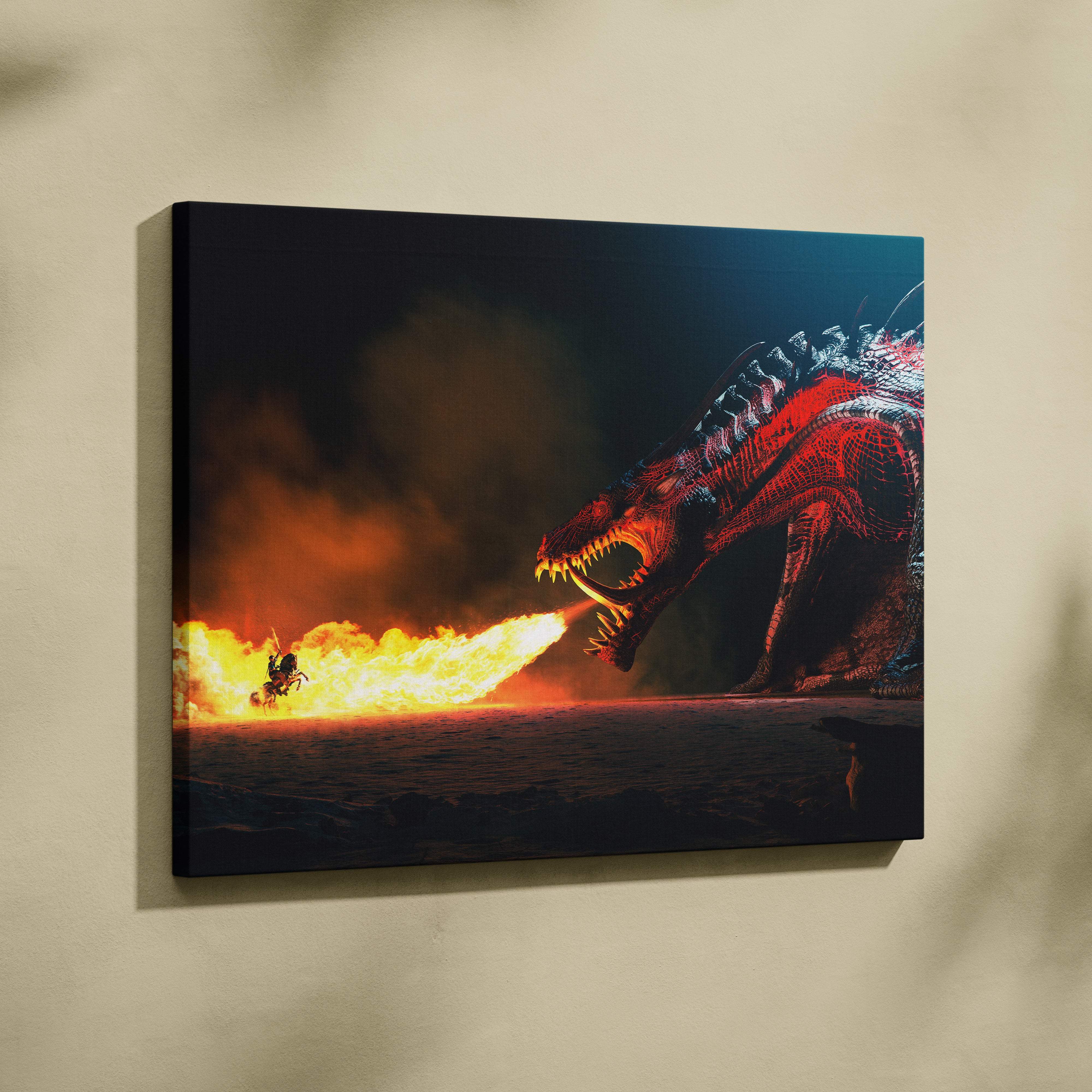 Fiery dragon breath canvas wall art with red scales and intense fire on black background for gothic decor