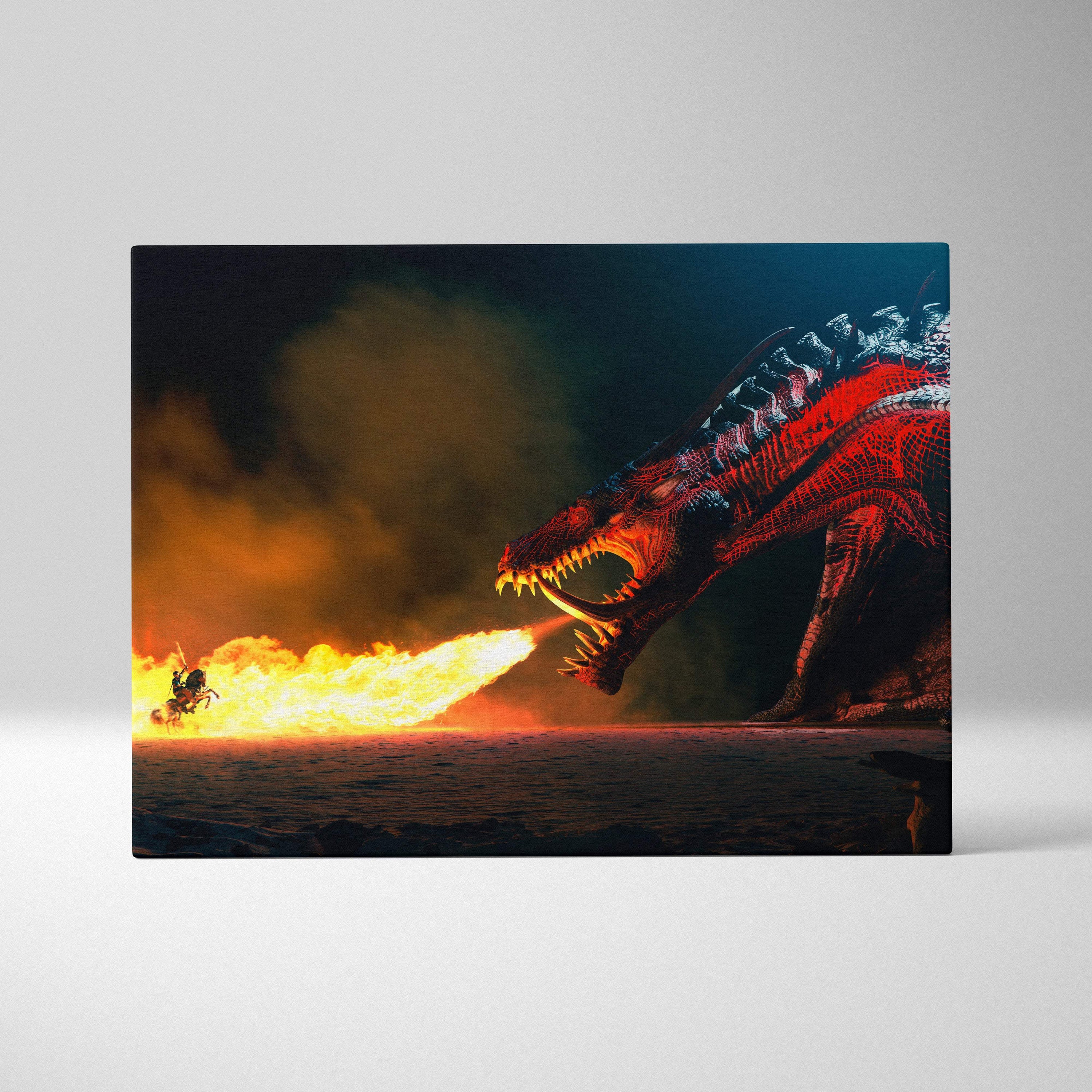 Fiery dragon breath canvas wall art featuring a red-scaled dragon in an intense battle scene with fire and gothic decor