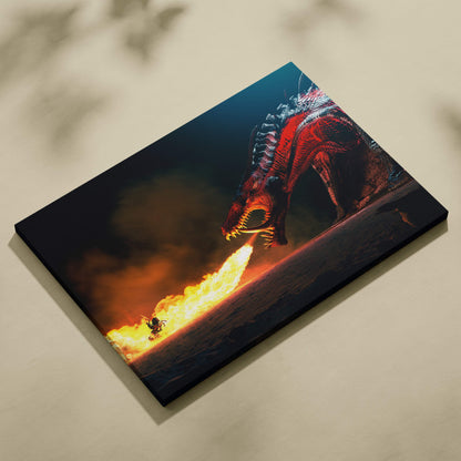 Fiery dragon breath canvas wall art featuring a red dragon breathing fire at night in a dark fantasy style