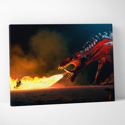 Fiery dragon breath canvas wall art depicting a red dragon breathing fire at night with armored rider fleeing
