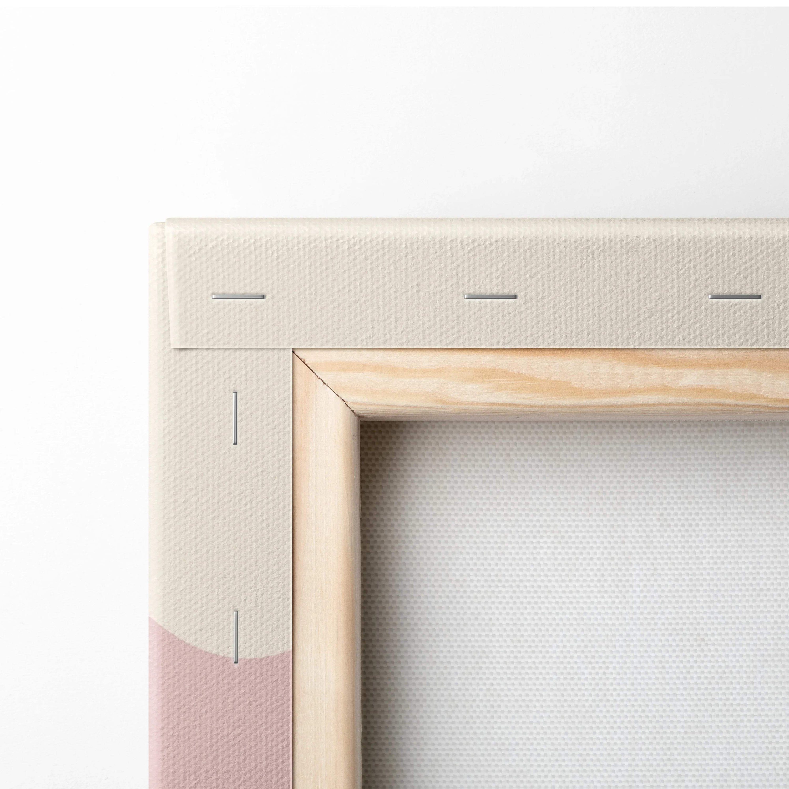 Abstract minimal beige canvas with pink gradient, sage green shapes, wood frame