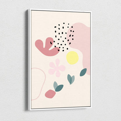 Framed abstract floral canvas art in blush pink, sage green, yellow on cream