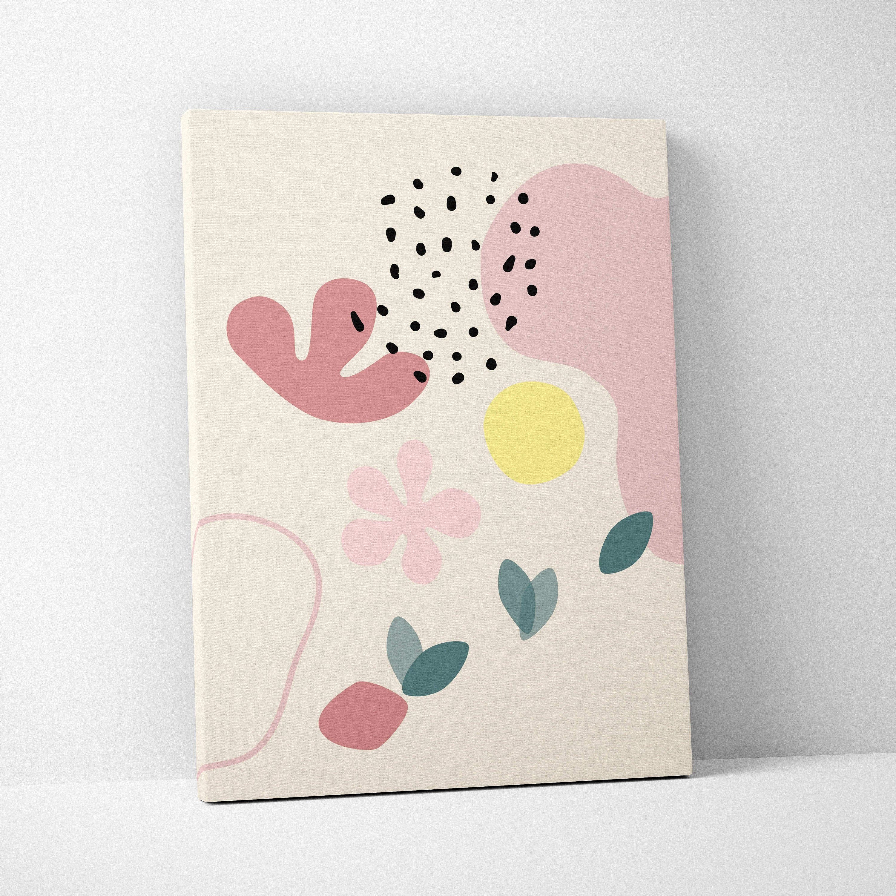 Abstract minimal canvas wall art with pink yellow teal floral shapes on cream background