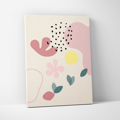 Abstract minimal canvas wall art with pink yellow teal floral shapes on cream background
