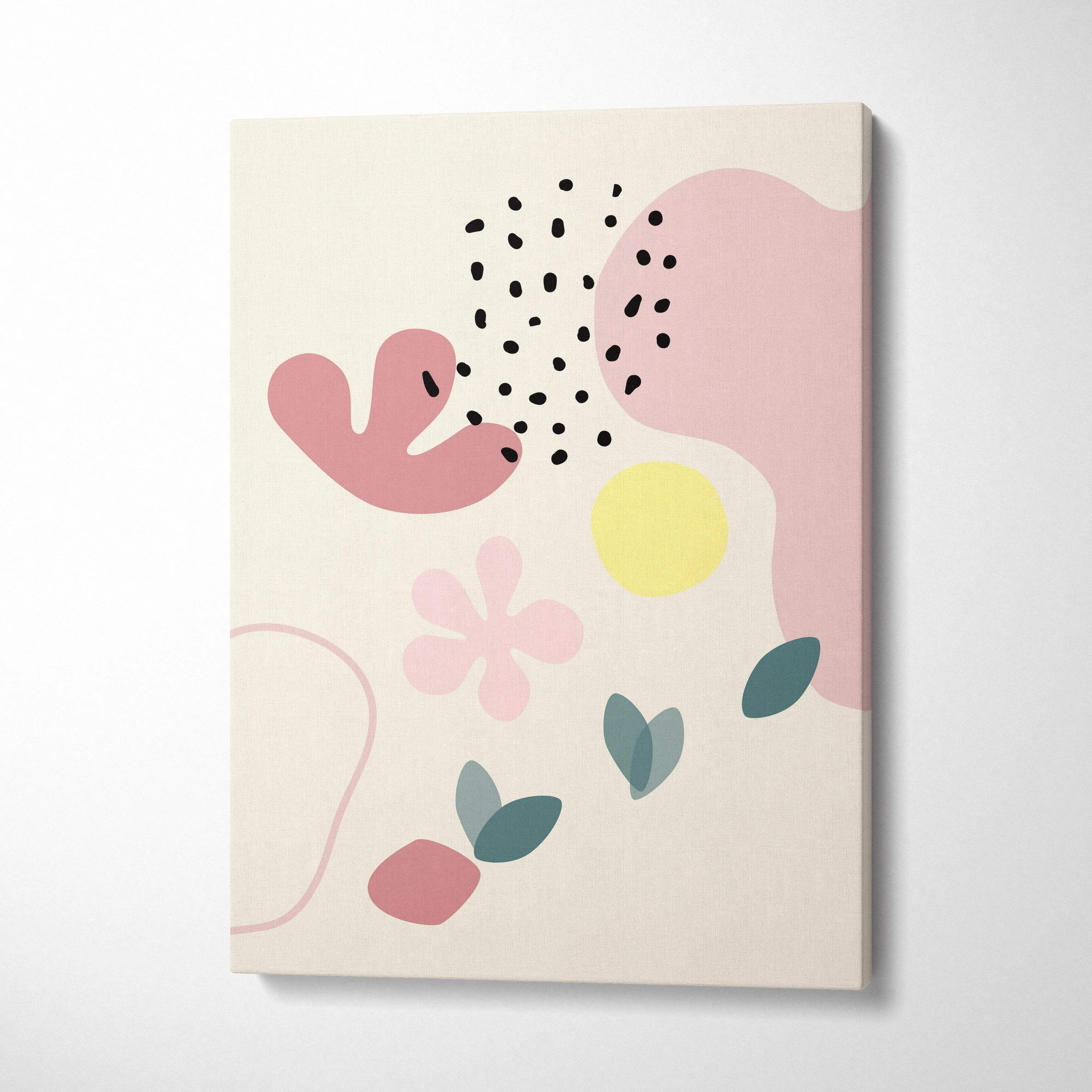 Abstract minimal canvas wall art with blush pink, sage green organic shapes, dotted accents on creamy background