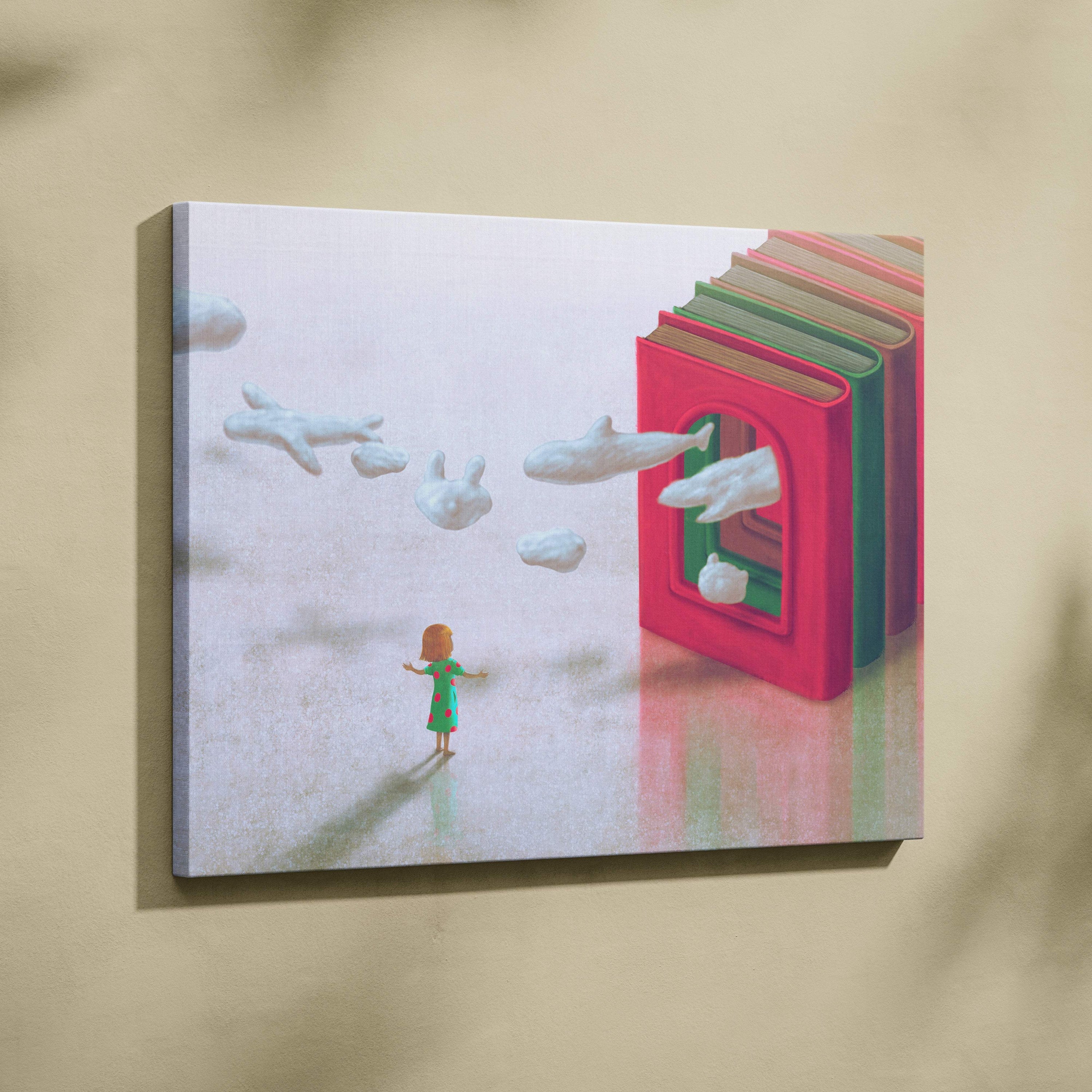 Contemporary storybook canvas wall art showing a child in a green dress with flying white animal cloud books