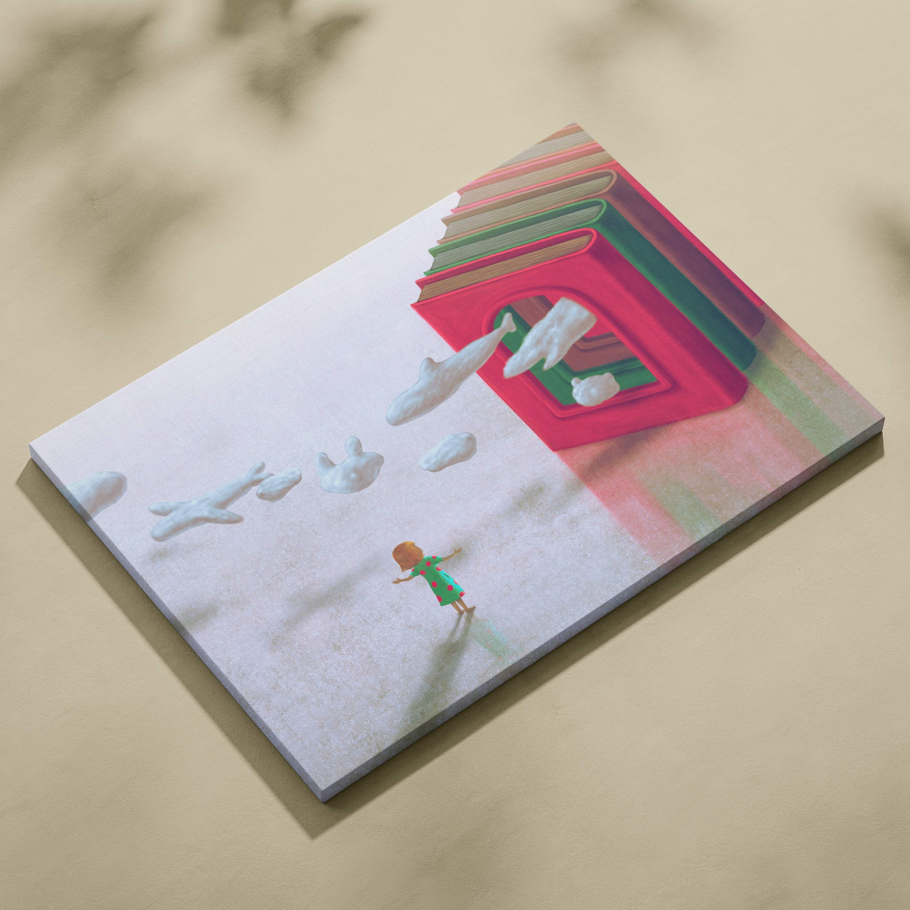 Contemporary storybook canvas wall art featuring a child in green with colorful books and white cloud shapes on pastel background