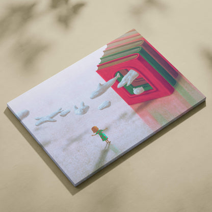 Contemporary storybook canvas wall art featuring a child in green with colorful books and white cloud shapes on pastel background