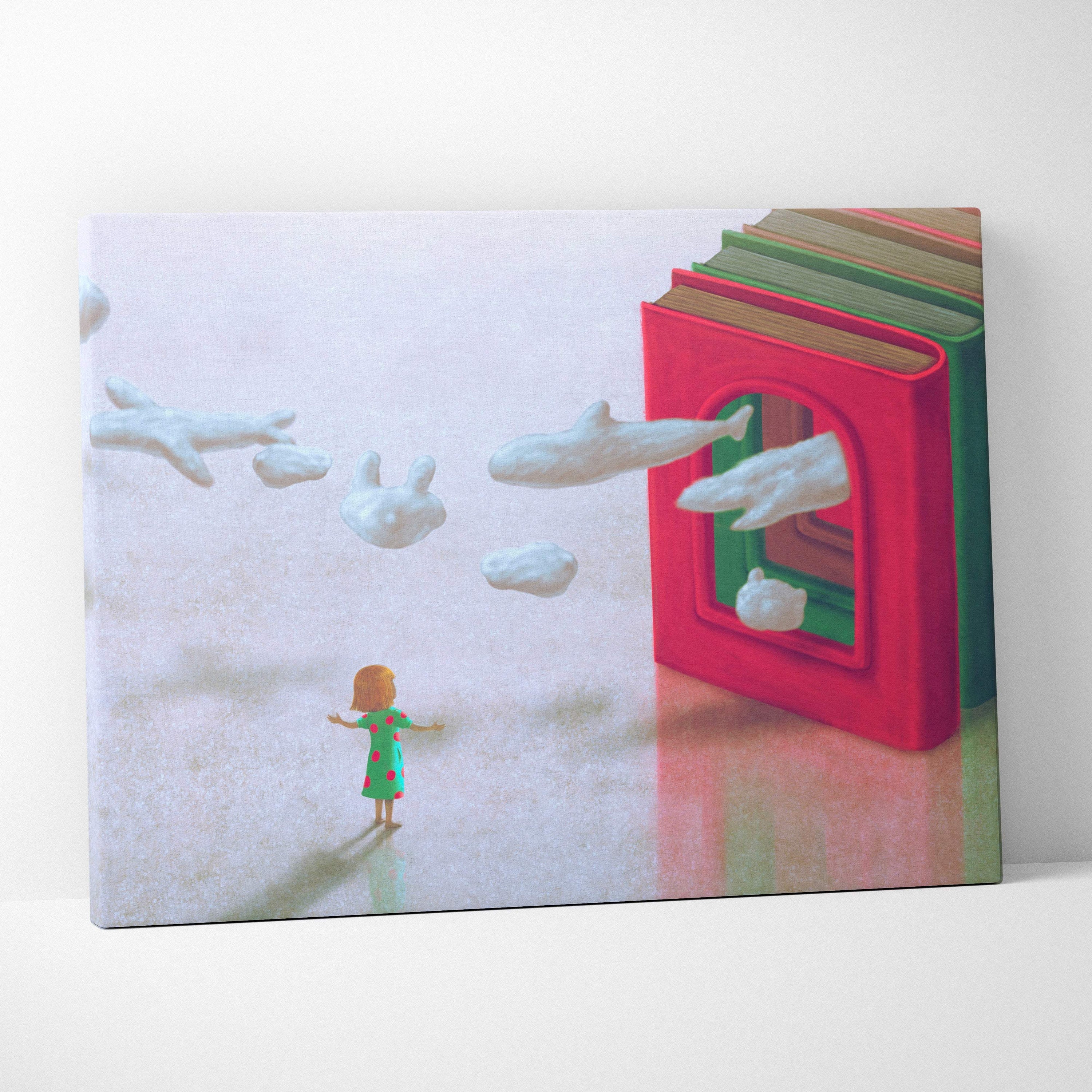 Contemporary storybook canvas wall art of a girl in green polka dot dress with flying white cloud books print