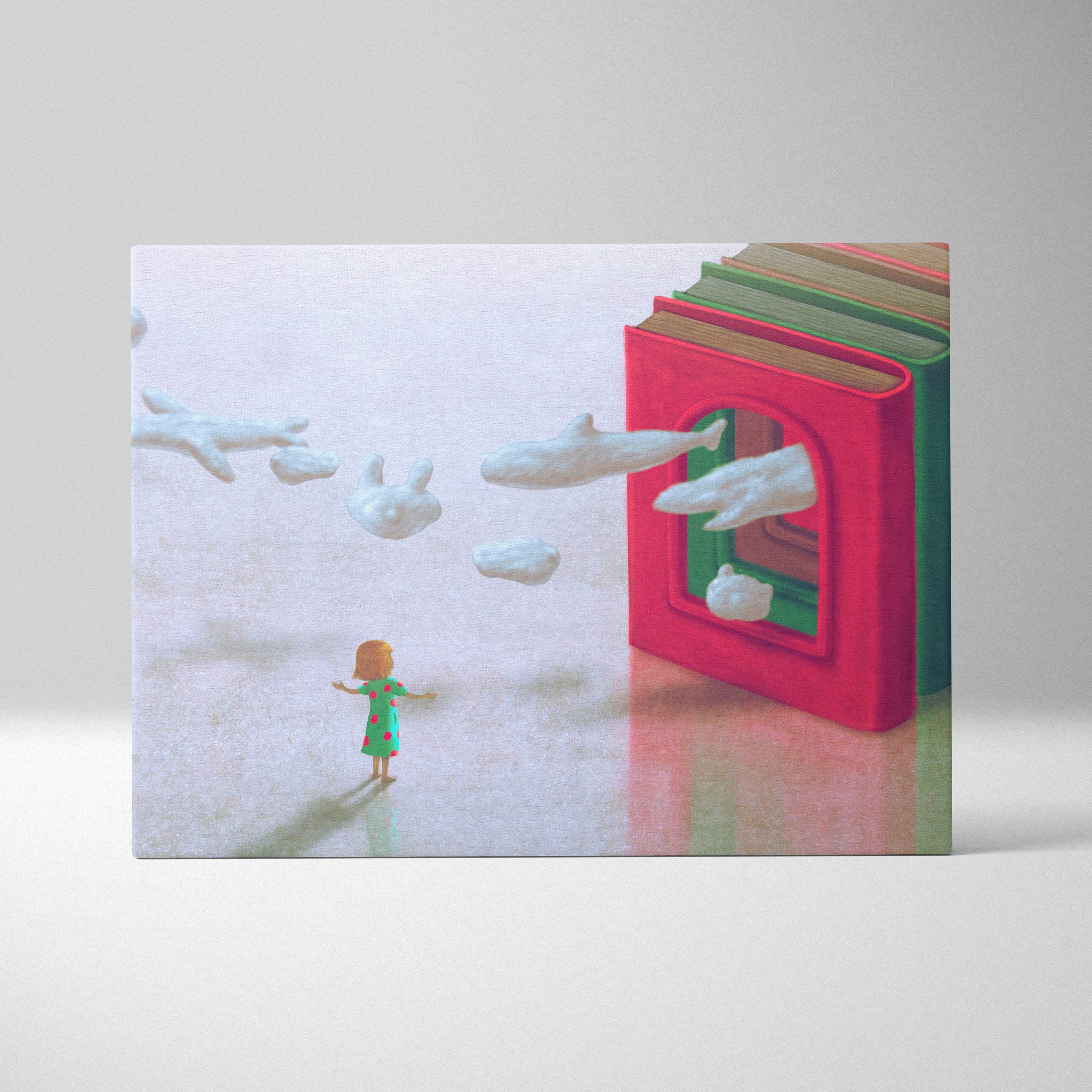 Contemporary storybook canvas wall art of a girl in green polka-dot dress with colorful books and white whale clouds