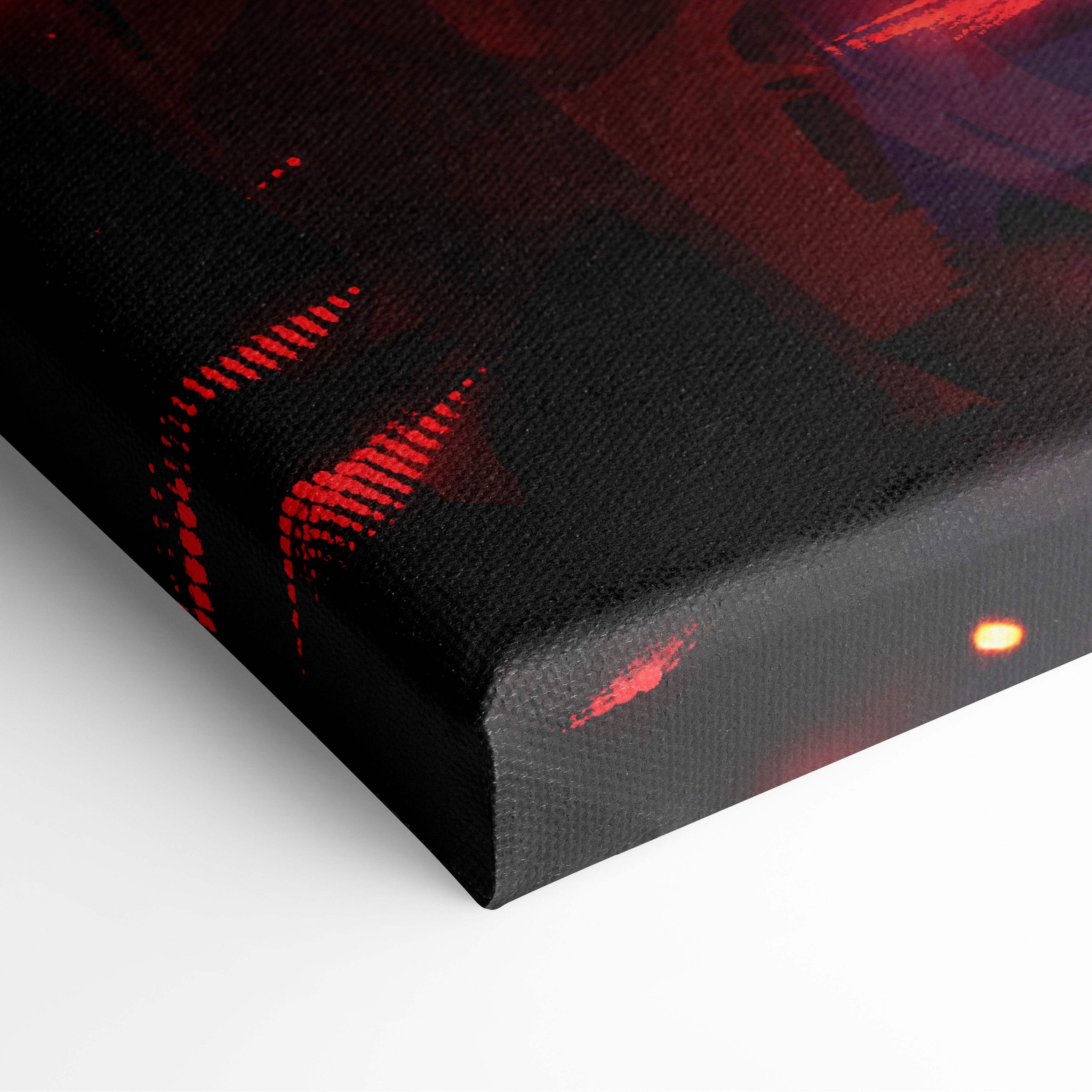 Black canvas print featuring abstract red and purple brushstrokes for dark samurai warrior wall art decor