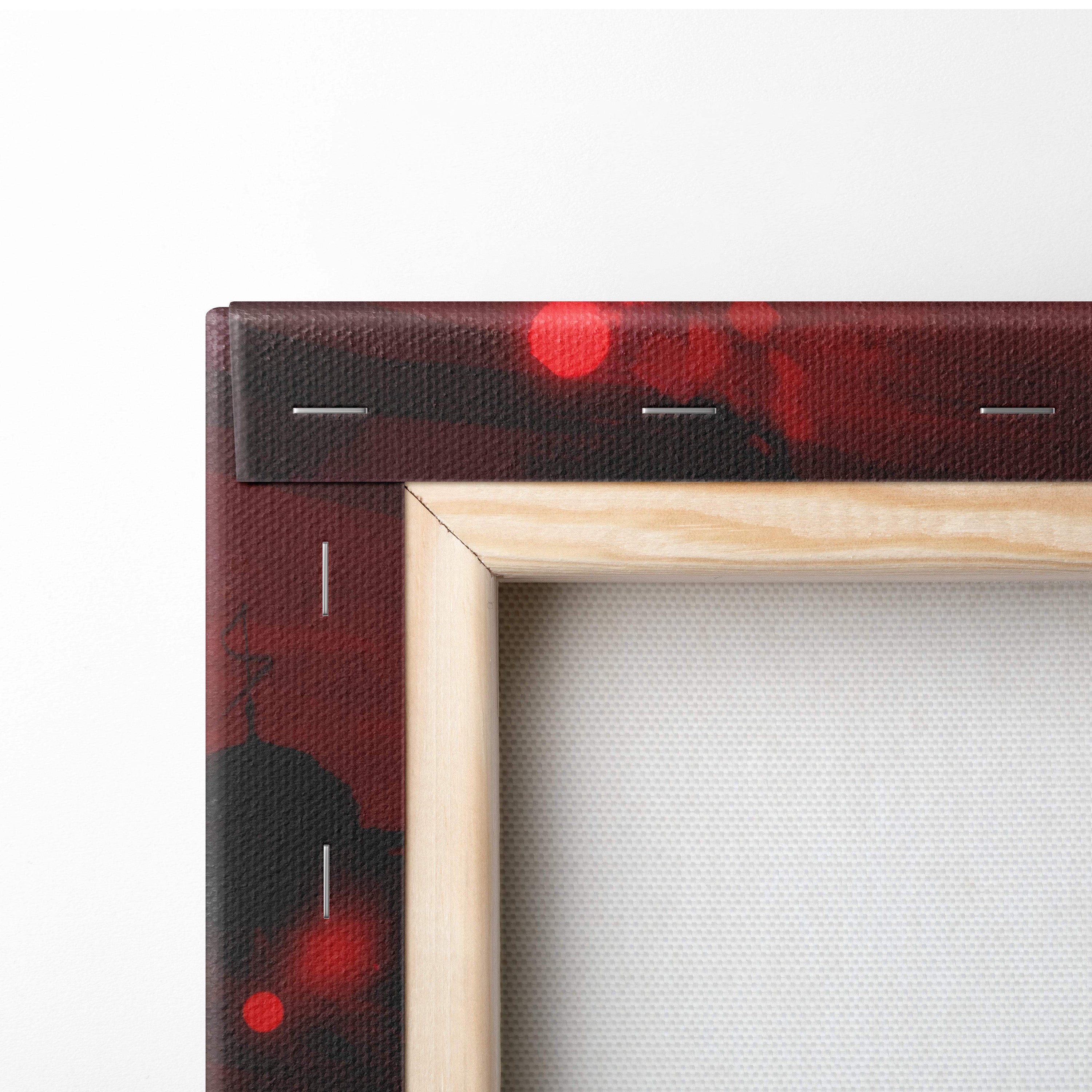 Dark samurai warrior canvas wall art with minimalist wooden frame and textured canvas border featuring red and black bokeh patterns
