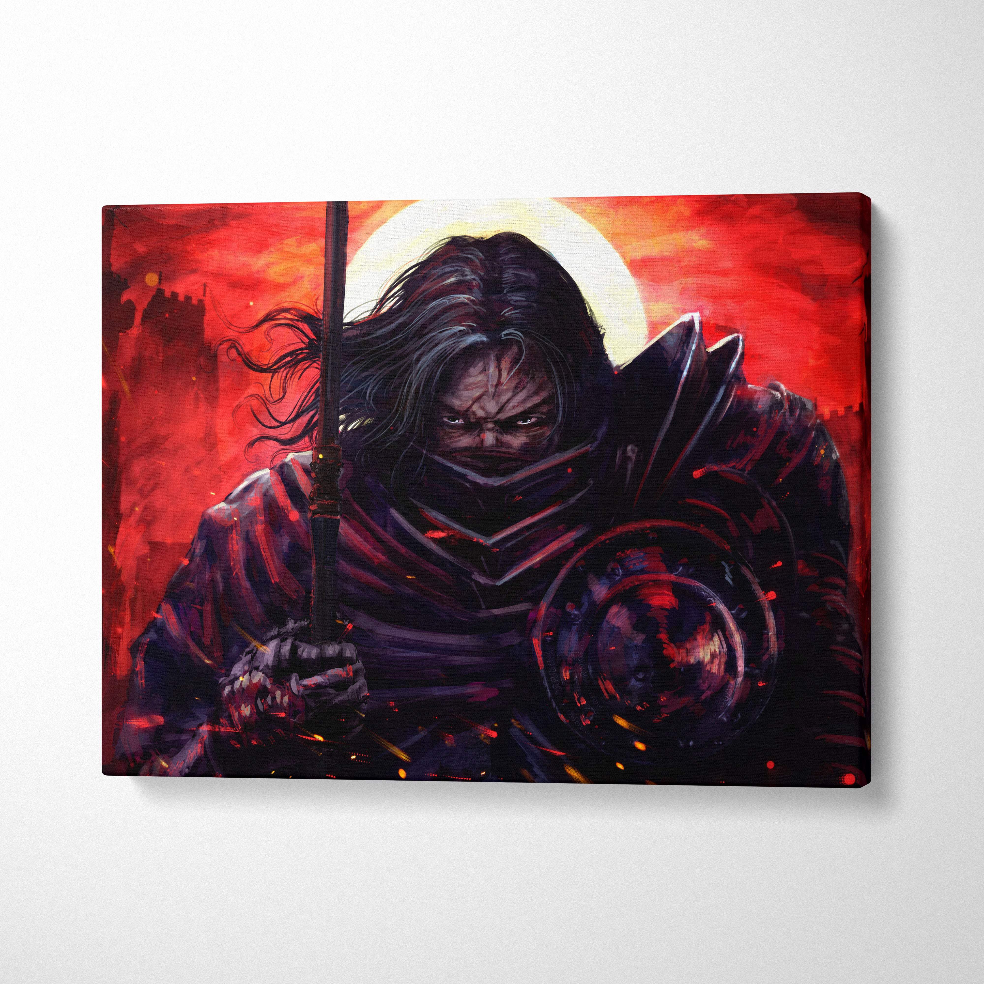 Dark samurai warrior canvas wall art featuring a dark-haired warrior in black armor with sword and shield against fiery red sunset