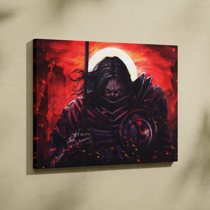 Dark samurai warrior canvas wall art with glowing red eyes and fiery crimson sky for gothic fantasy decor