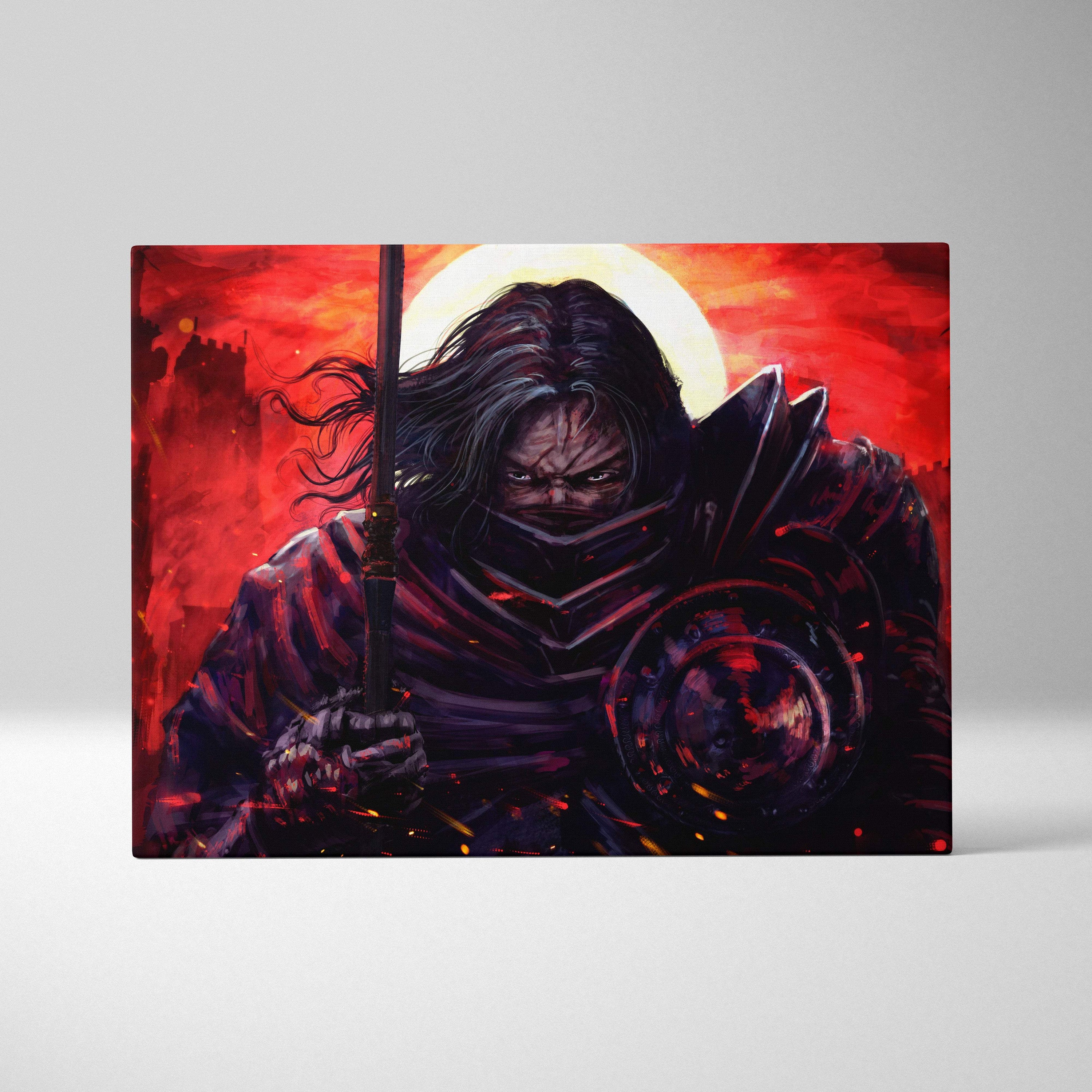 Dark samurai warrior canvas wall art featuring a darkly armored figure with long black hair and a glowing red sun backdrop