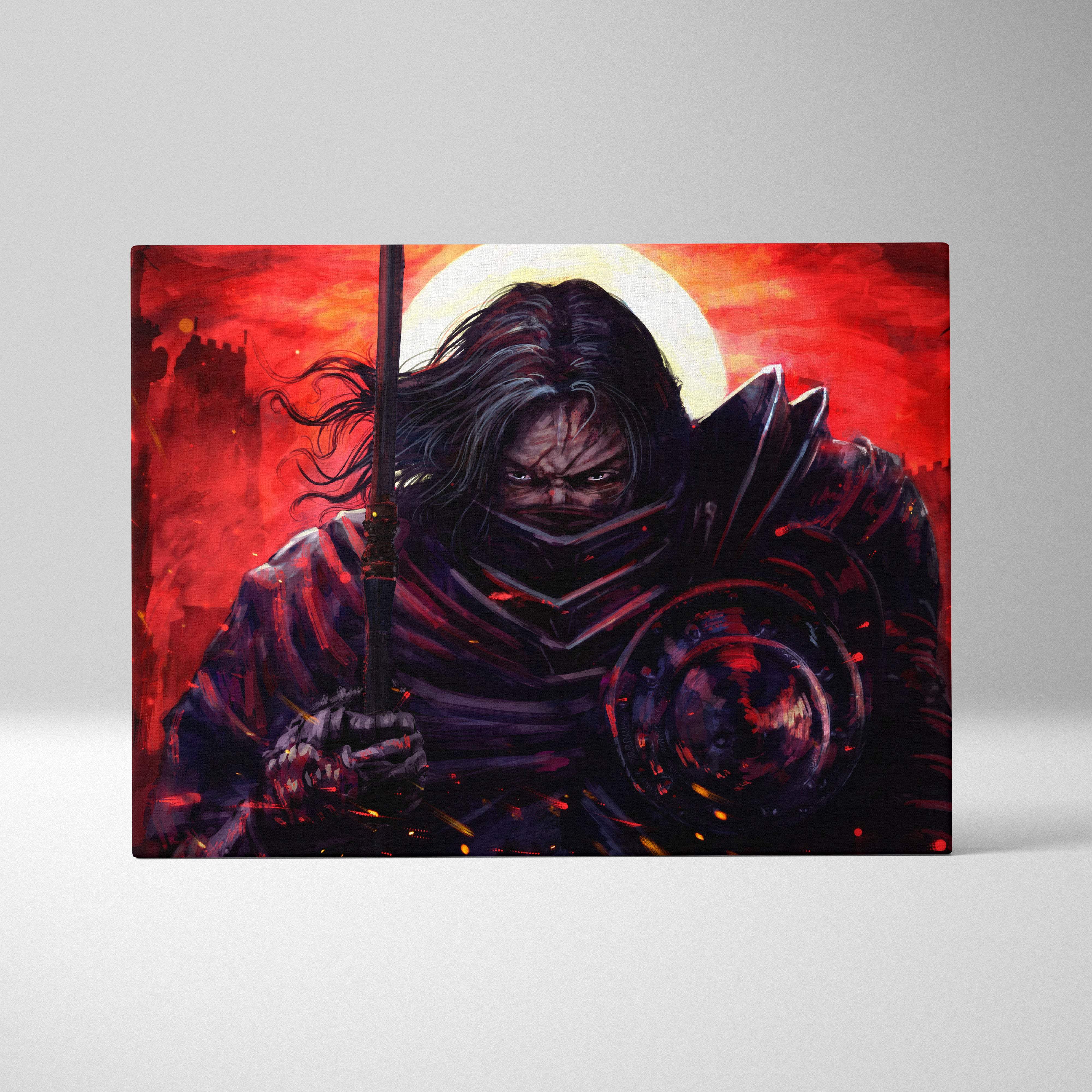 Dark samurai warrior canvas wall art featuring a darkly armored figure with long black hair and a glowing red sun backdrop
