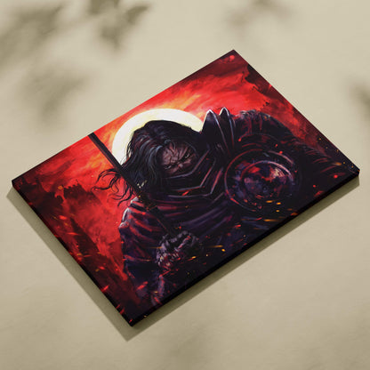 Dark samurai warrior canvas wall art featuring a dark armored warrior with long black hair against a blood moon backdrop