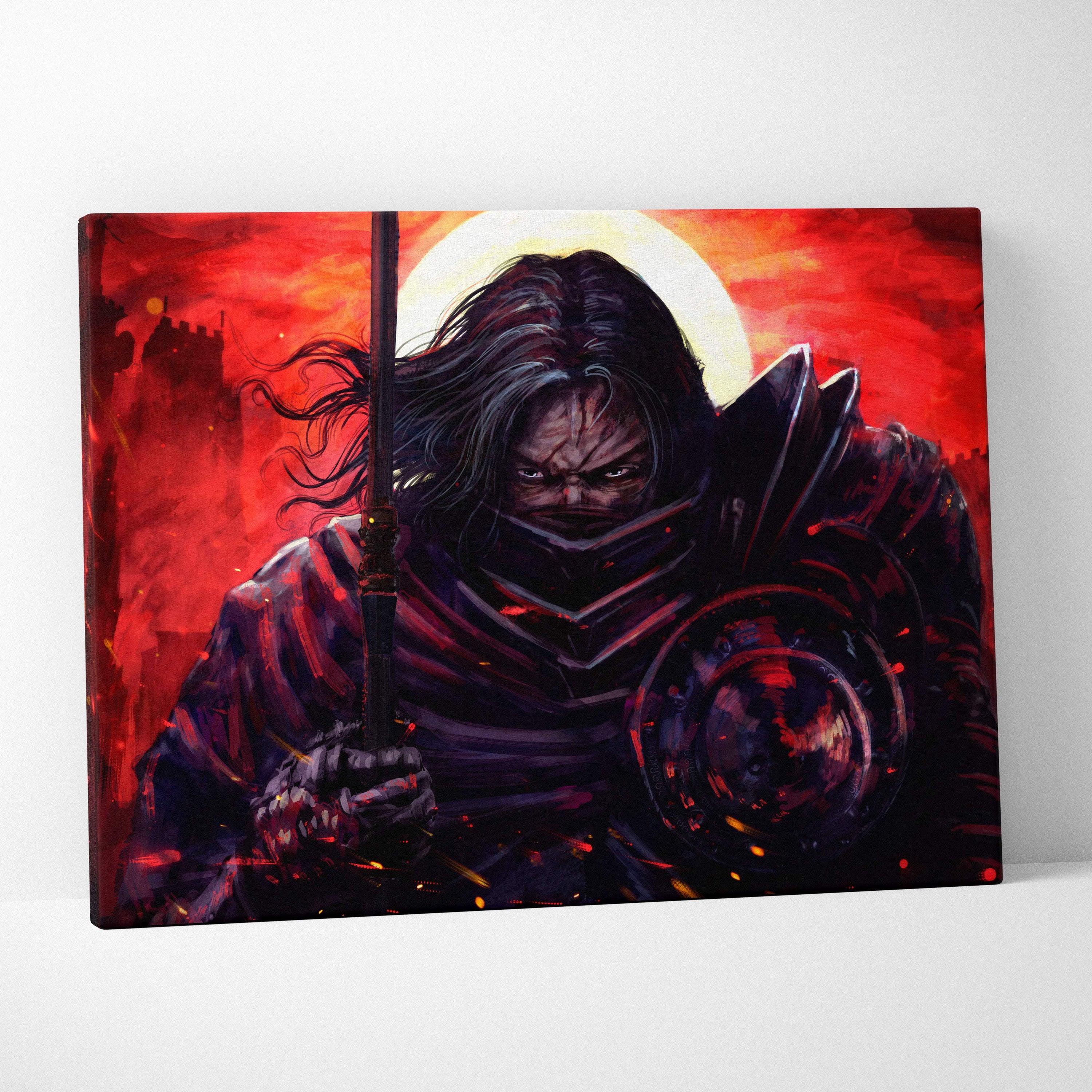 Dark samurai warrior canvas wall art featuring a dark armored warrior with glowing red eyes and fiery sunset background