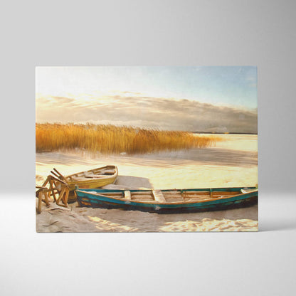 Serene canvas print of golden winter lakeshore with teal and yellow wooden rowboats by reeds in soft sunlight