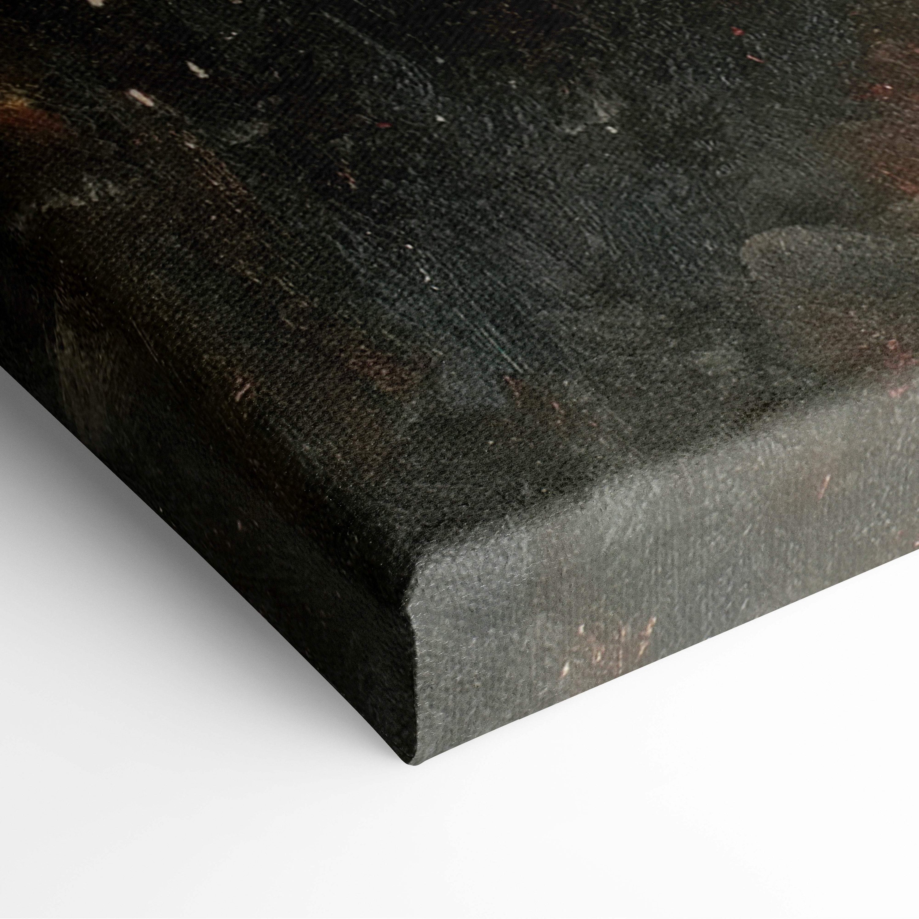 Black canvas print of elegant koi fish pond painting with textured distressed surface and subtle earthy undertones