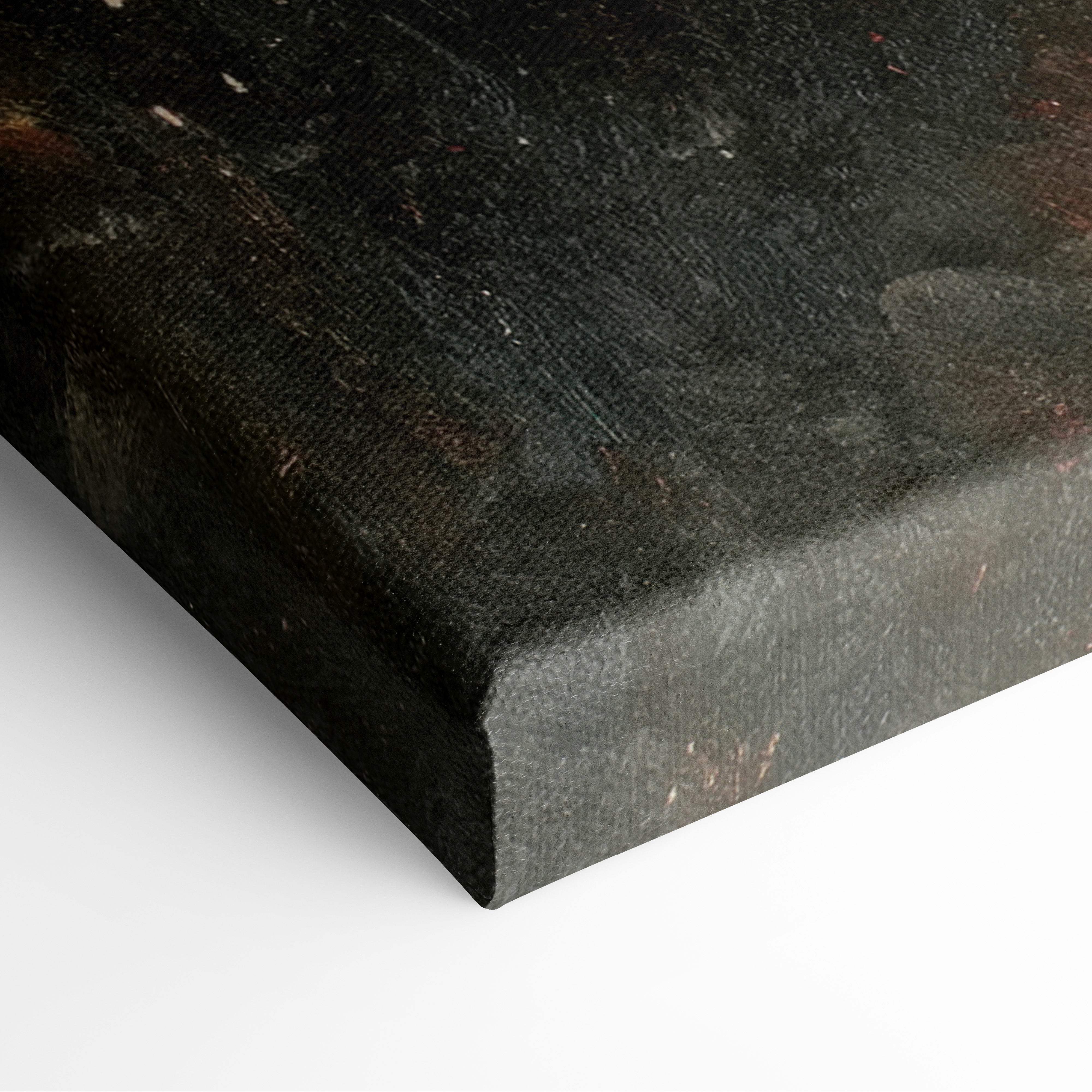 Black canvas print of elegant koi fish pond painting with textured distressed surface and subtle earthy undertones