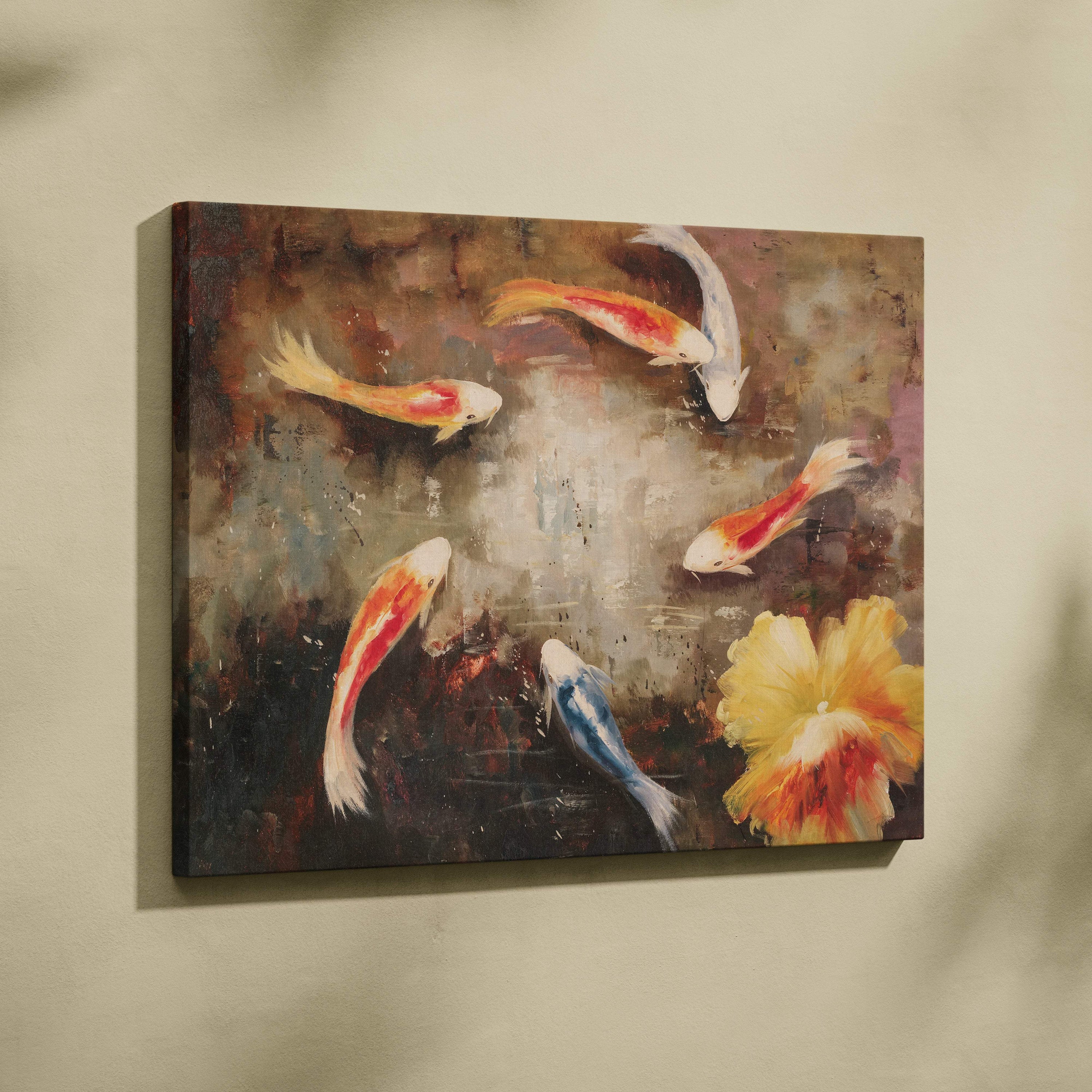 Rectangular canvas wall art featuring vibrant orange and white koi fish with a yellow flower on a textured background